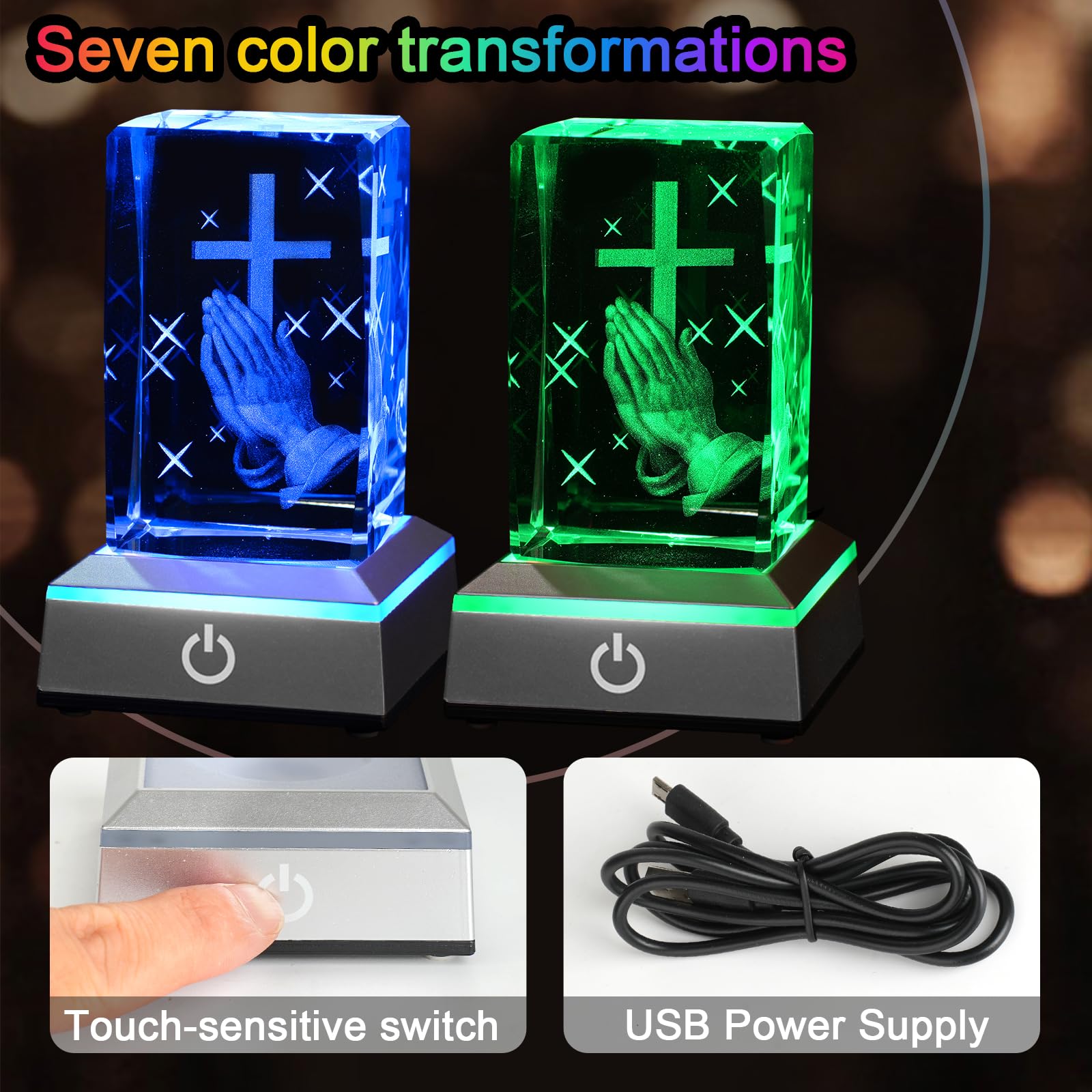 Eicxjui 3D Crystal Praying Hands Night Light with Multicolor LED Base, Engraved Cross Figurine, Religious Gift for Home Decor