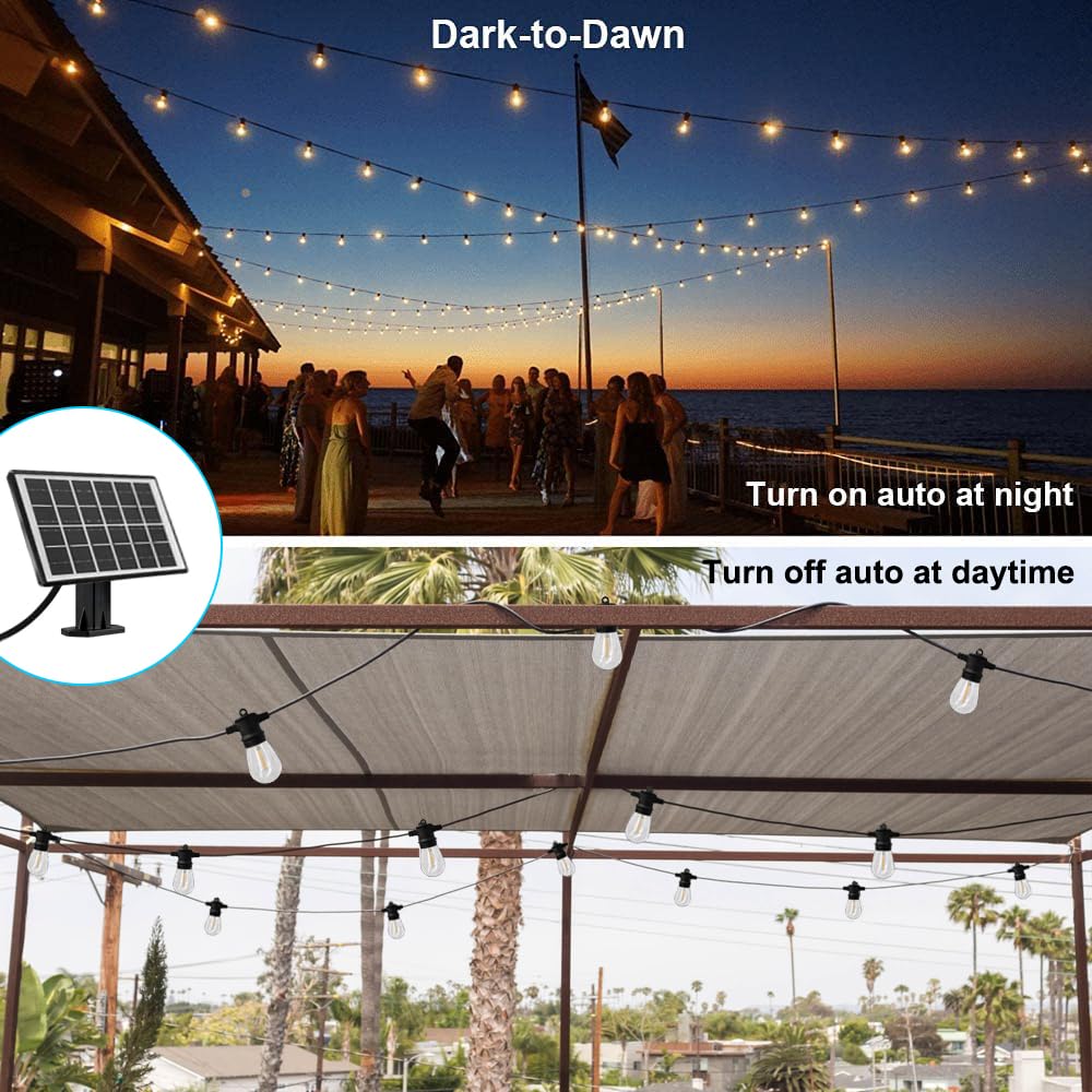SUNTHIN Solar String Lights - 48ft Waterproof & Shatterproof Patio Lights, USB Rechargeable, Black Bulbs for Garden, Yard, Camping
