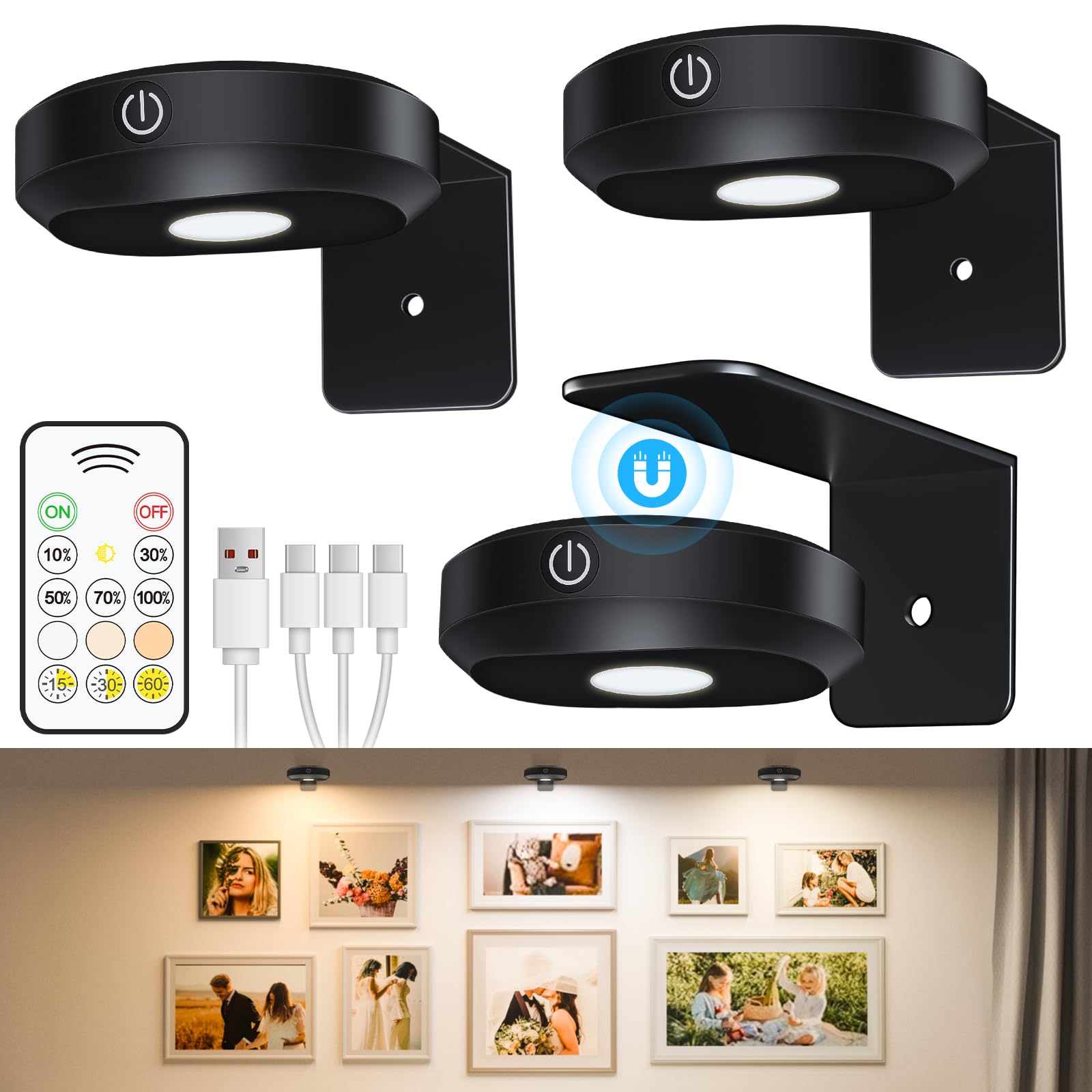 WILLED Picture Lights - Wireless Battery Operated Art Lighting, Dimmable, Remote Control, Black, Model WUS-046, Wide Beam, 3000K-6000K