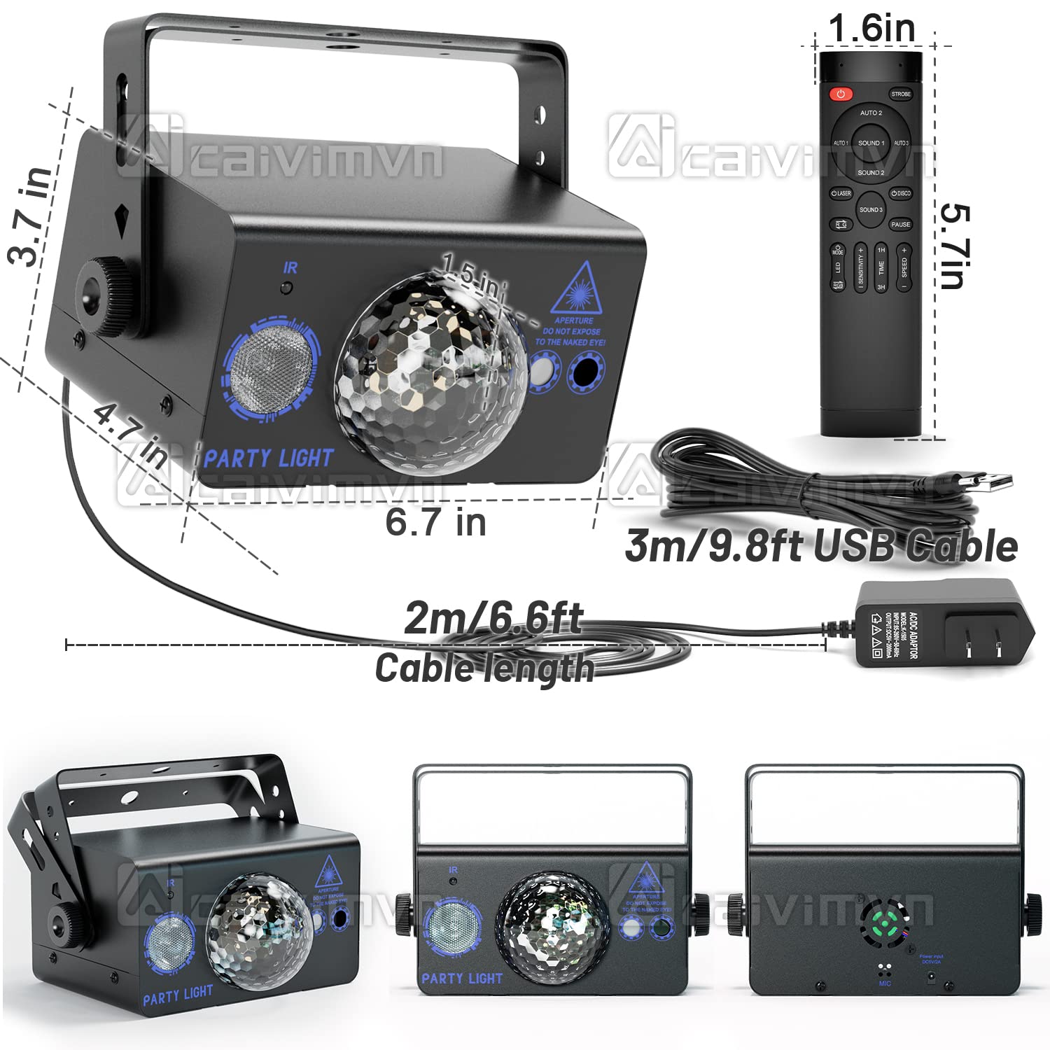 caivimvn Disco Ball Light, LED Sound Activated Stage Lights, Remote Control, Black, Model YUEKEJI-10