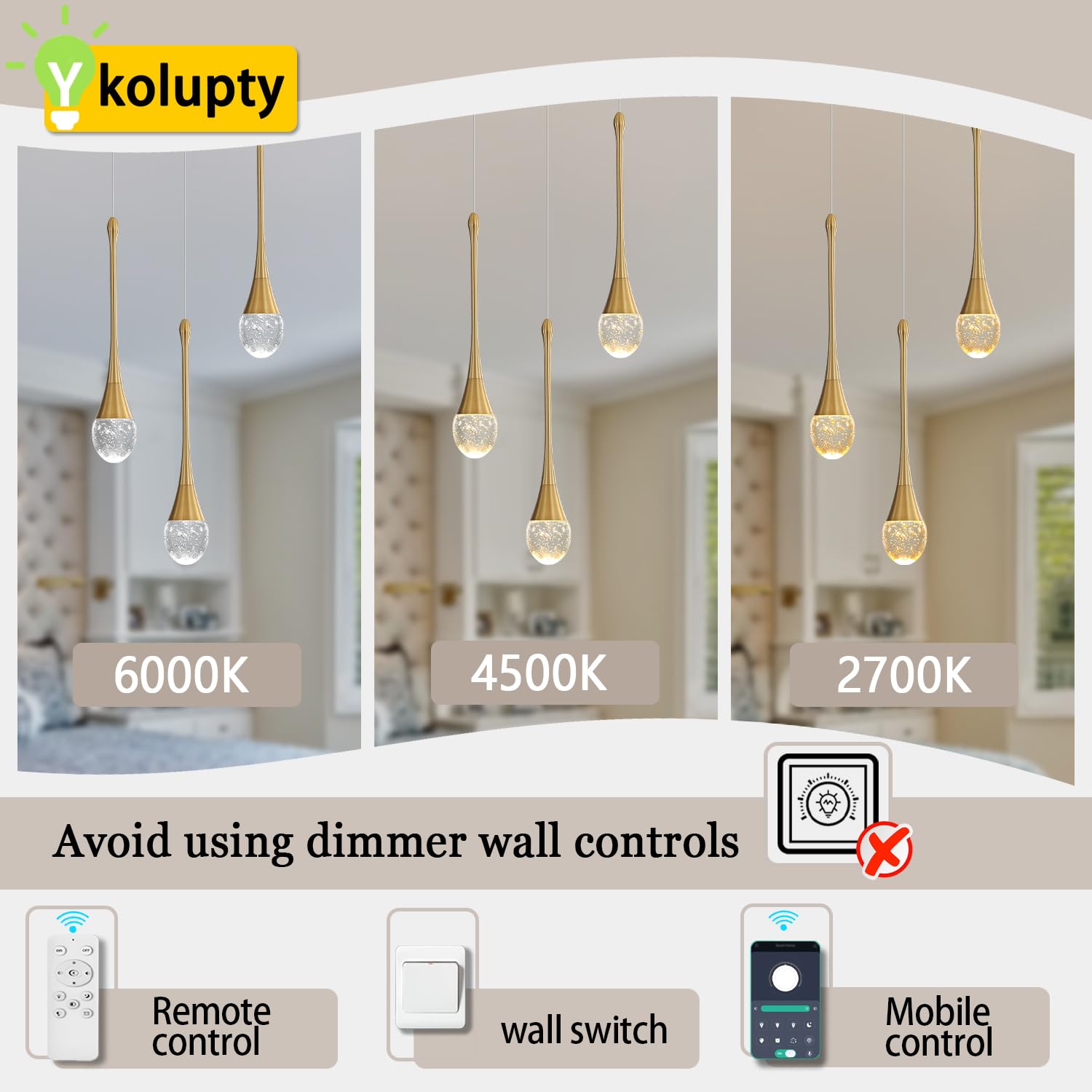 Ykolupty Single Head Gold Bubble Crystal Chandelier Modern Led Pendant Lights For Kitchen Island Dimmable 3000-6000K(3 Independe