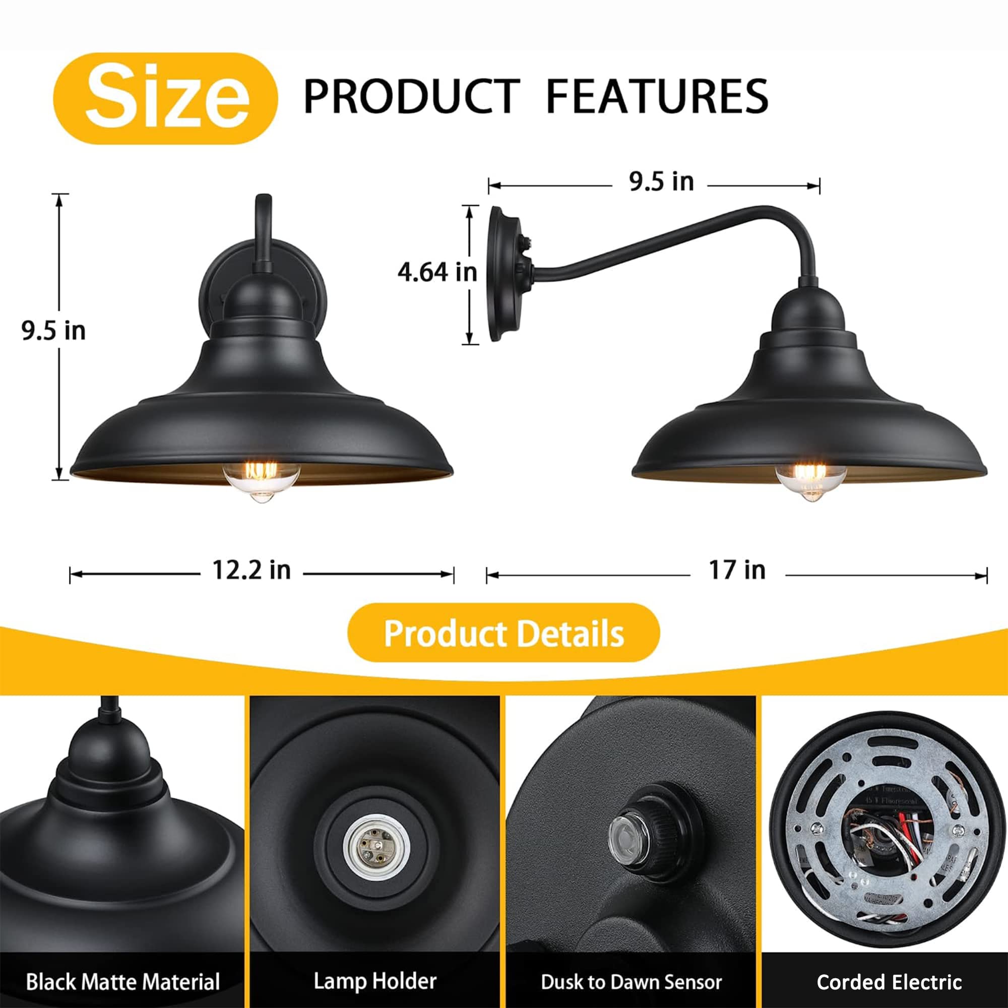 Ptrworoa 12&quot; Dusk To Dawn Outdoor Wall Sconces, Metal Farmhouse Barn Light, 3 Pack