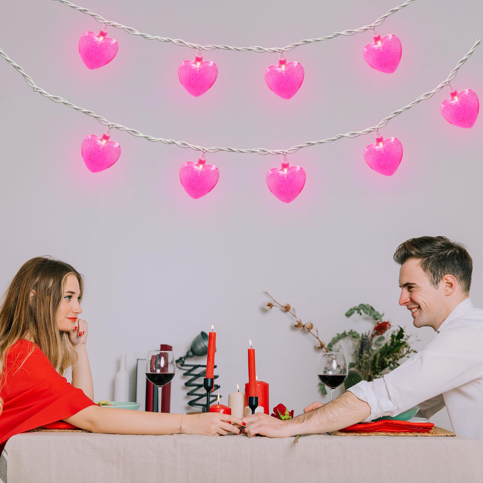 Couah Pink Heart LED String Lights - 8.5Ft Fairy Lights with 10 3D Hearts for Indoor/Outdoor Decor - Mother's Day Wedding Party Decorations