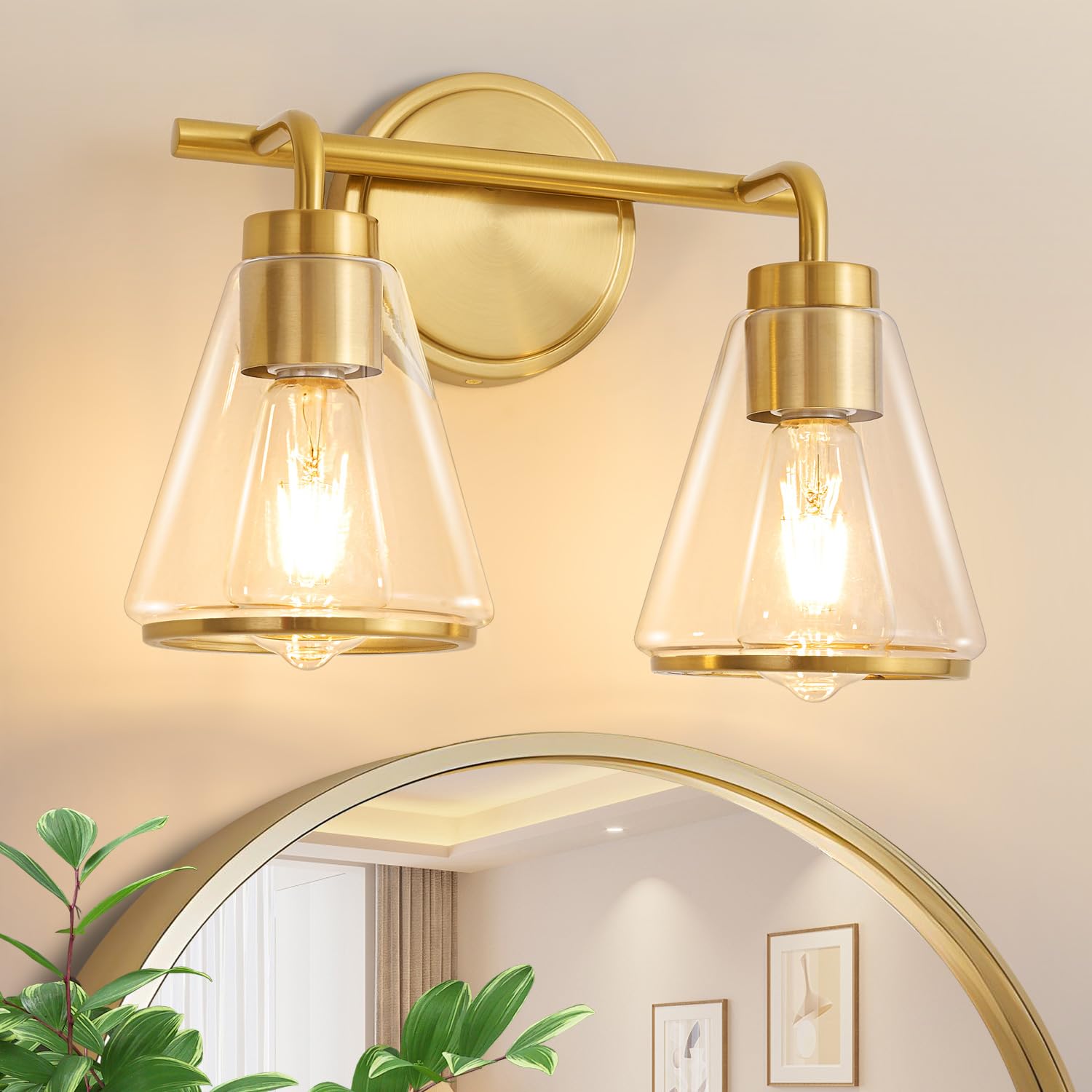 Nadosa Bathroom Light Fixtures Over Mirror Gold Vanity Light 2-Lights With Clear Glass Shade 14 Inch Modern Wall Sconces Bath Light