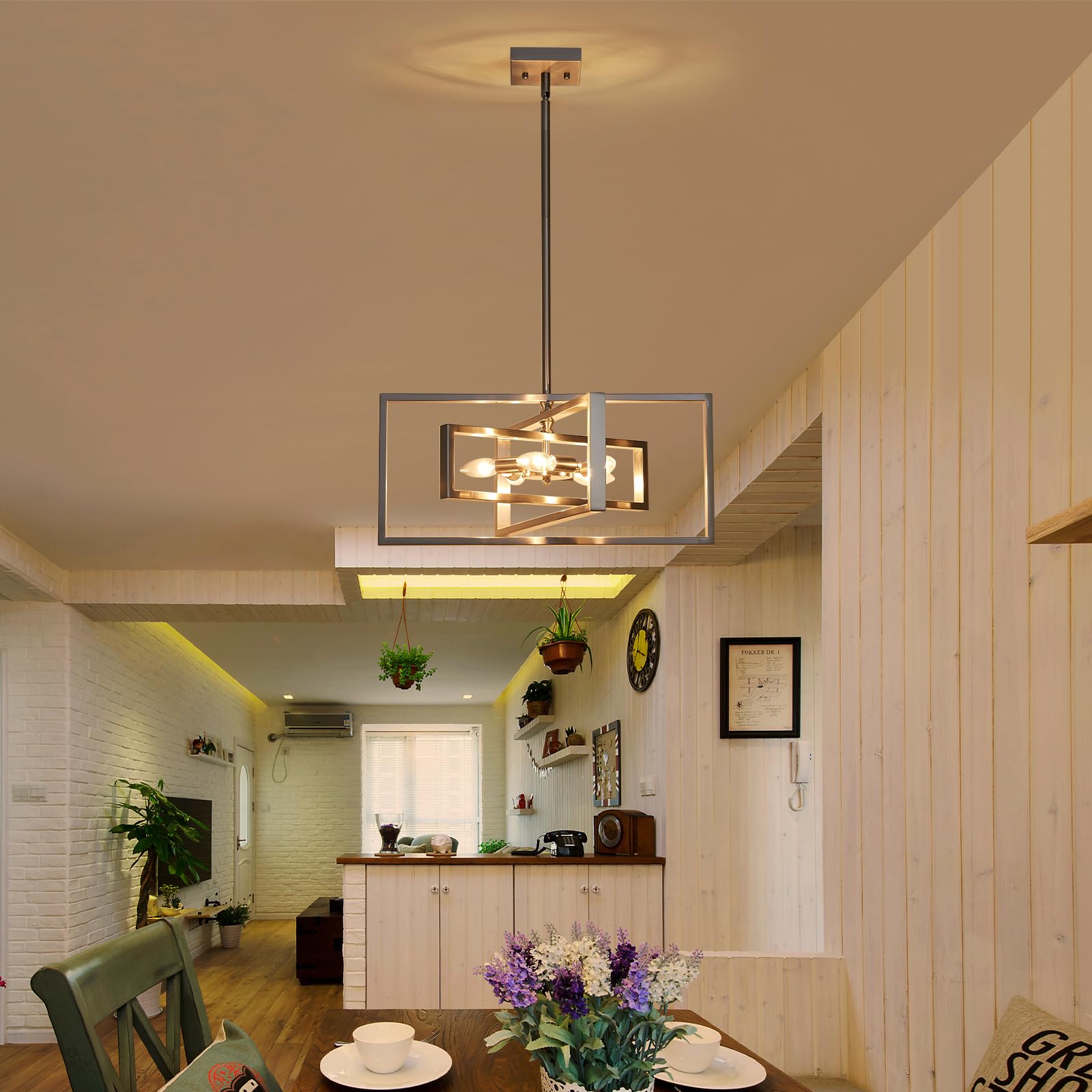Xingqi Brushed Nickel Chandelier 22'' Modern Pendant Light Fixture Ceiling 5-Lights Large Geometric Chandeliers For Dining Room