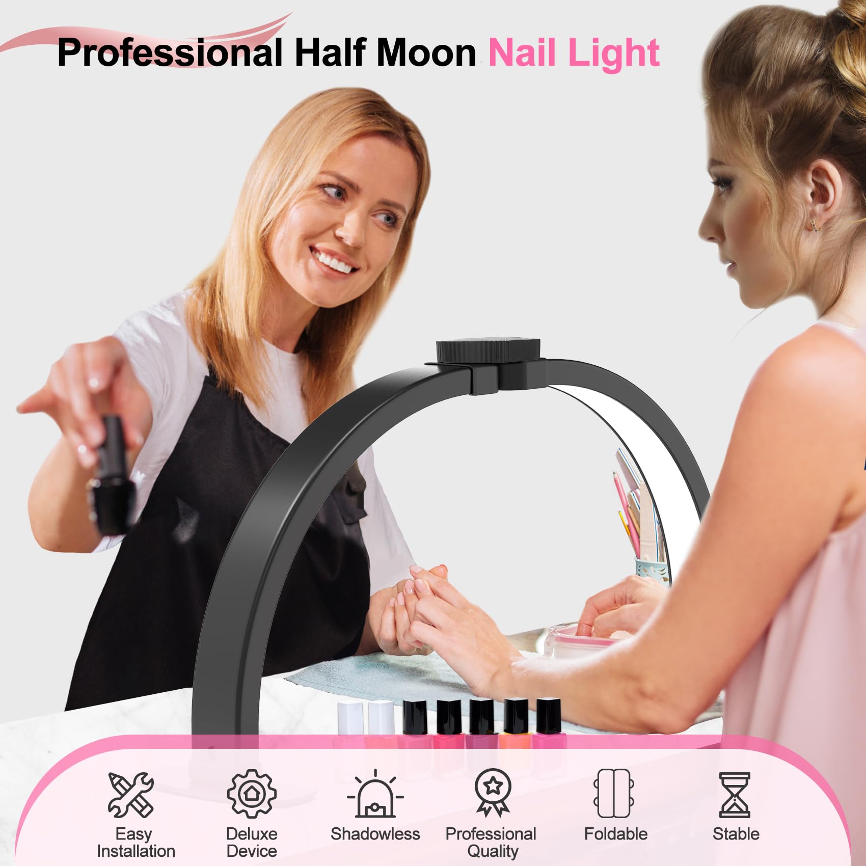 Uiopy Nail Half Moon Light: Big Led Arch Nail Tech Table Lamp With Phone Holder - Nail Salon Professional Desk Light 3 Mode Ligh