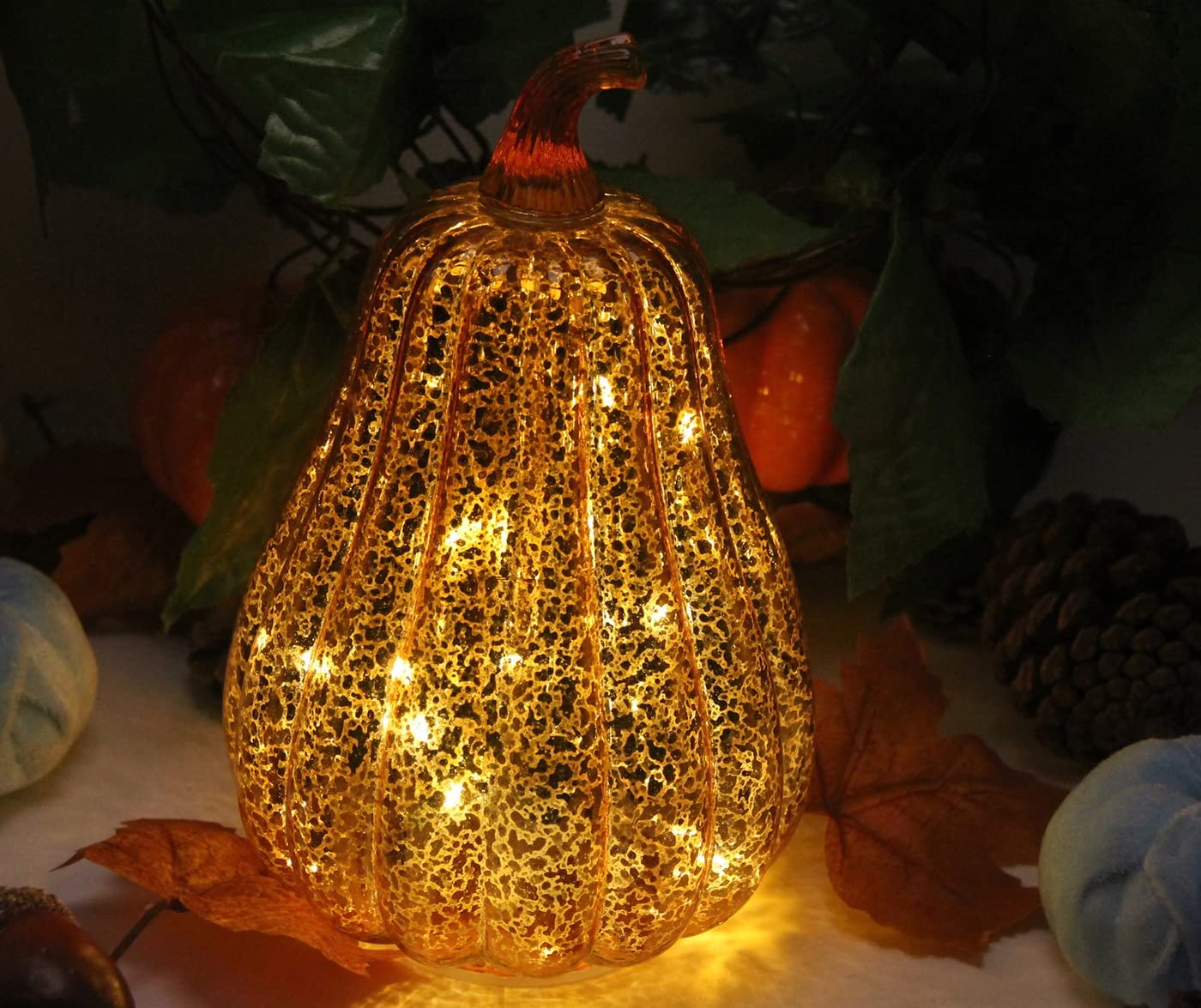CFDECOR Mercury Glass Pumpkin Light with Timer, with 10 Fairy Lights Inside, Battery Operated Led Pumpkin Lamp, Ideal for Hallow
