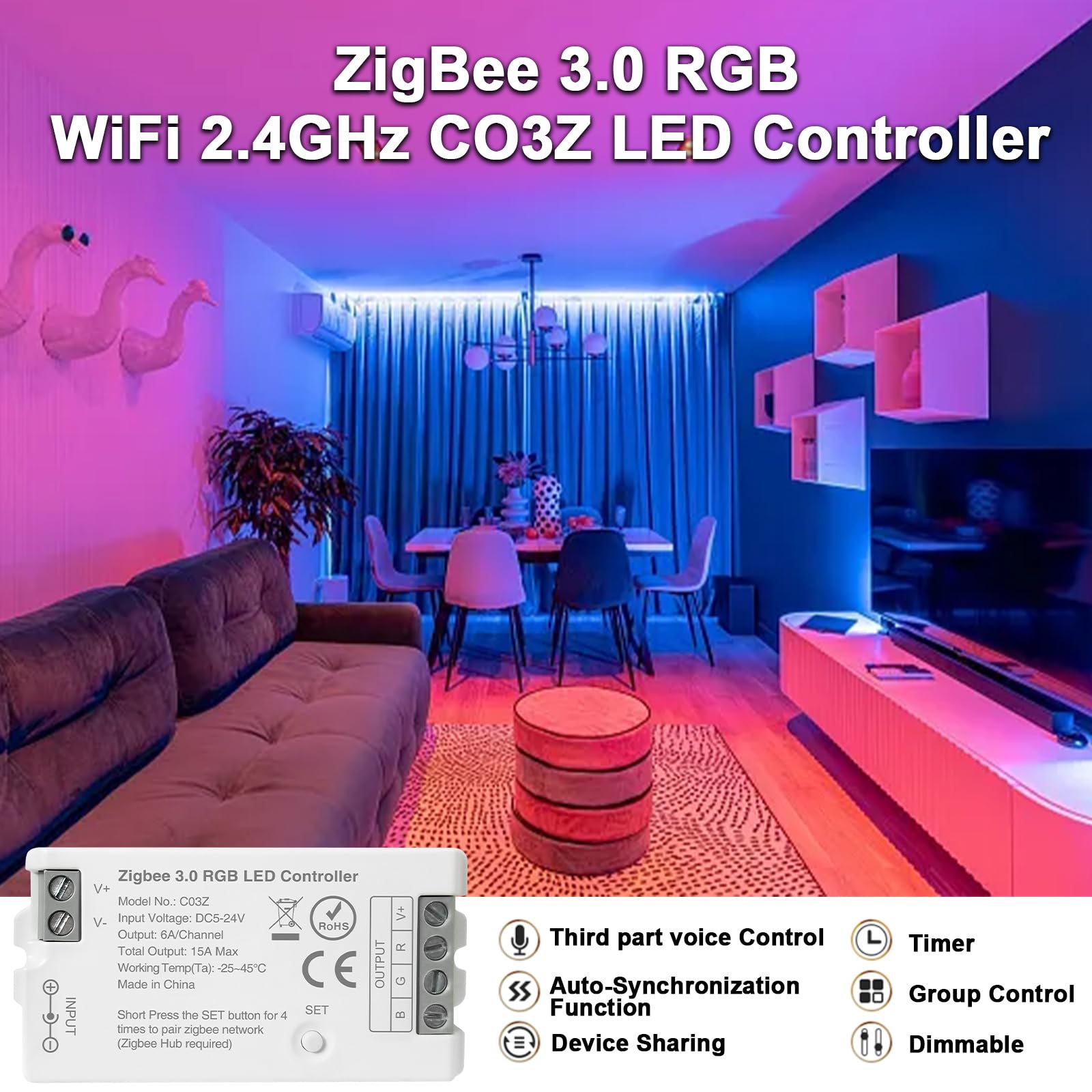 Tunichx Zigbee 3.0 Led Controller C03Z Rgb Led Strip Bulb Dimmer Compatible With Echo Plus Philip H-Ue Home-Kit Zigbee Hub Bridg
