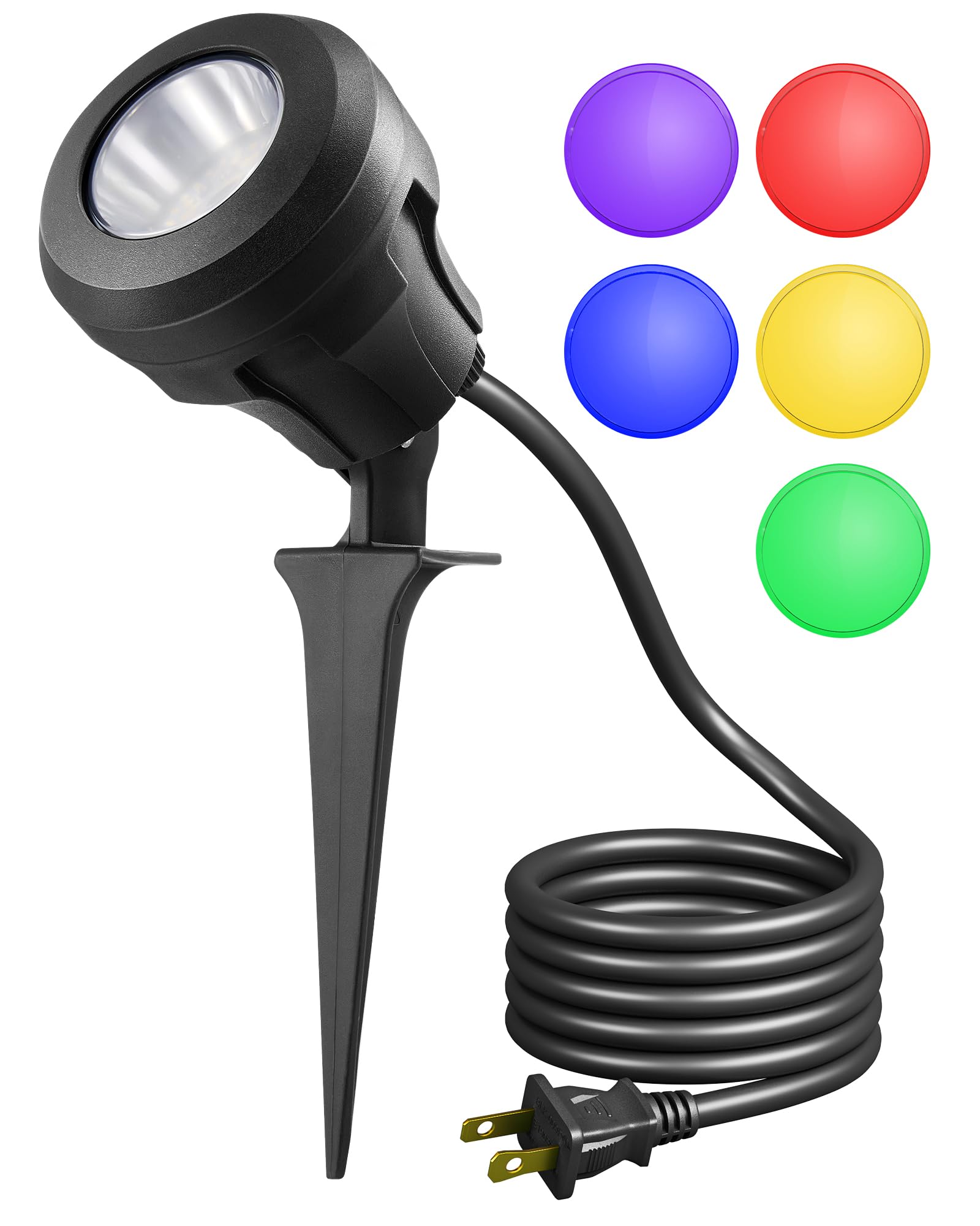EDISHINE 120V LED Outdoor Spotlight, 5 Extra Lenses (RGB Purple Blue), 4.8W 5000K Plug in Spotlight Outdoor, Waterproof Landscap
