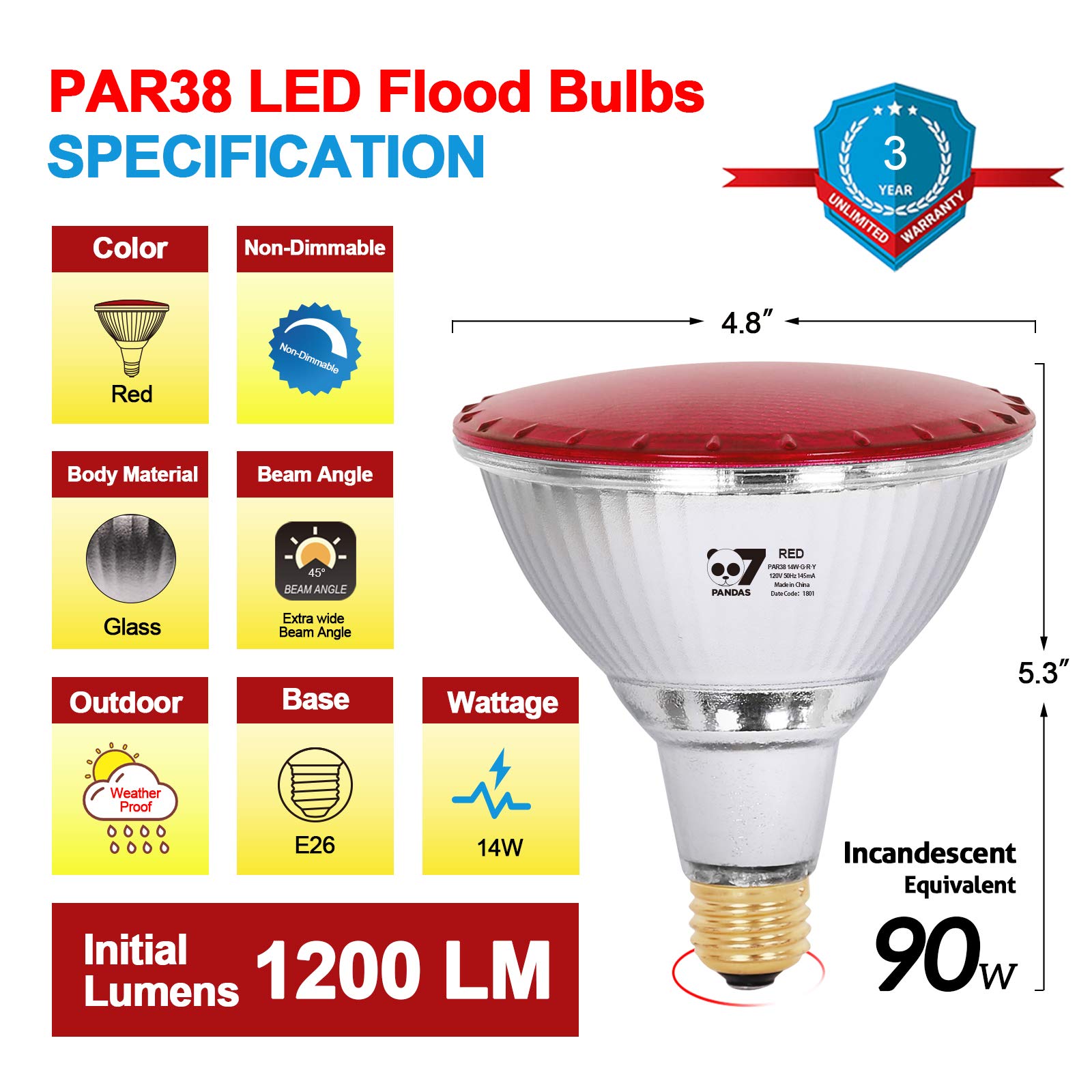 7Pandas Led Red Light Par38 Flood Light Bulbs,1200 Lumen For Porch True Color Full Glass Outdoor Waterproof Led Lights, E26 Base