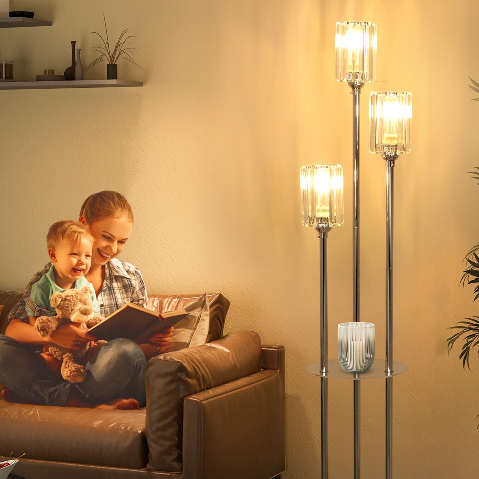 HMVPL Modern Crystal Floor Lamp with Shelves, 3-Lights, 66" Silver, Chrome - Stylish Corner Lighting for Living Room & Office