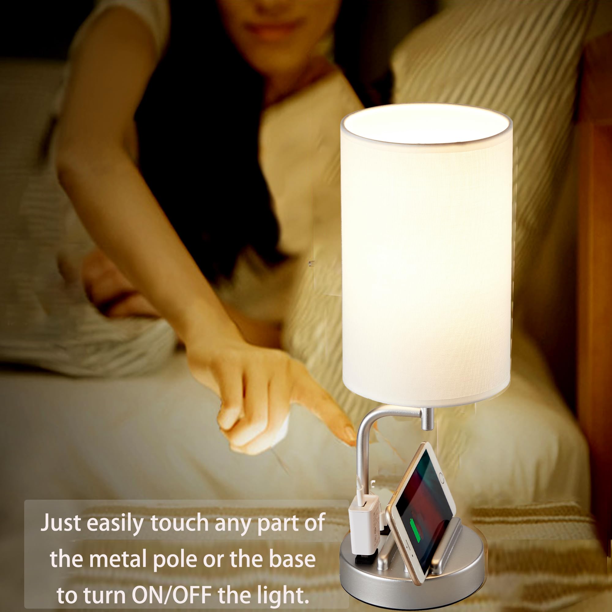 Dreamholder USB Table Lamp, 3-Way Dimmable, Charging Ports & AC Outlet, Silver
