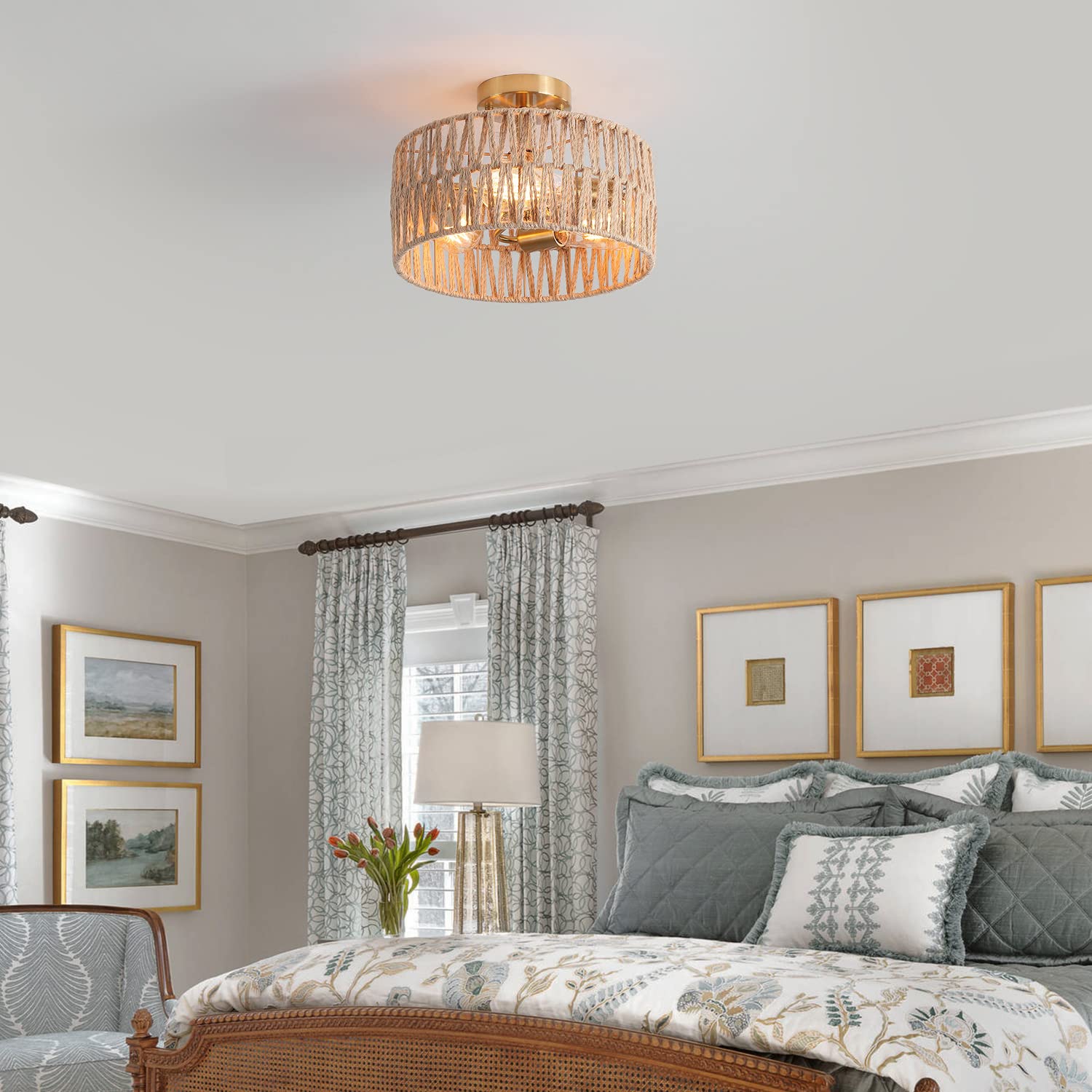 Hchunqjor 3-Light Antique Gold Woven Flush Mount Light Fixture Rustic Coastal Hemp Rope Brass Semi Flush Mount Ceiling Light For