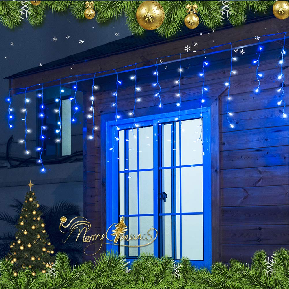 Qunlight 300L Led Icicle Lights, Blue+White Window Curtain Lights,8 Modes With 30V Plug In For Wedding, Party, Bedroom, Home, Garden, Outdoor, Indoor Wall,Christmas Decorations,Connectable(Blue+White)