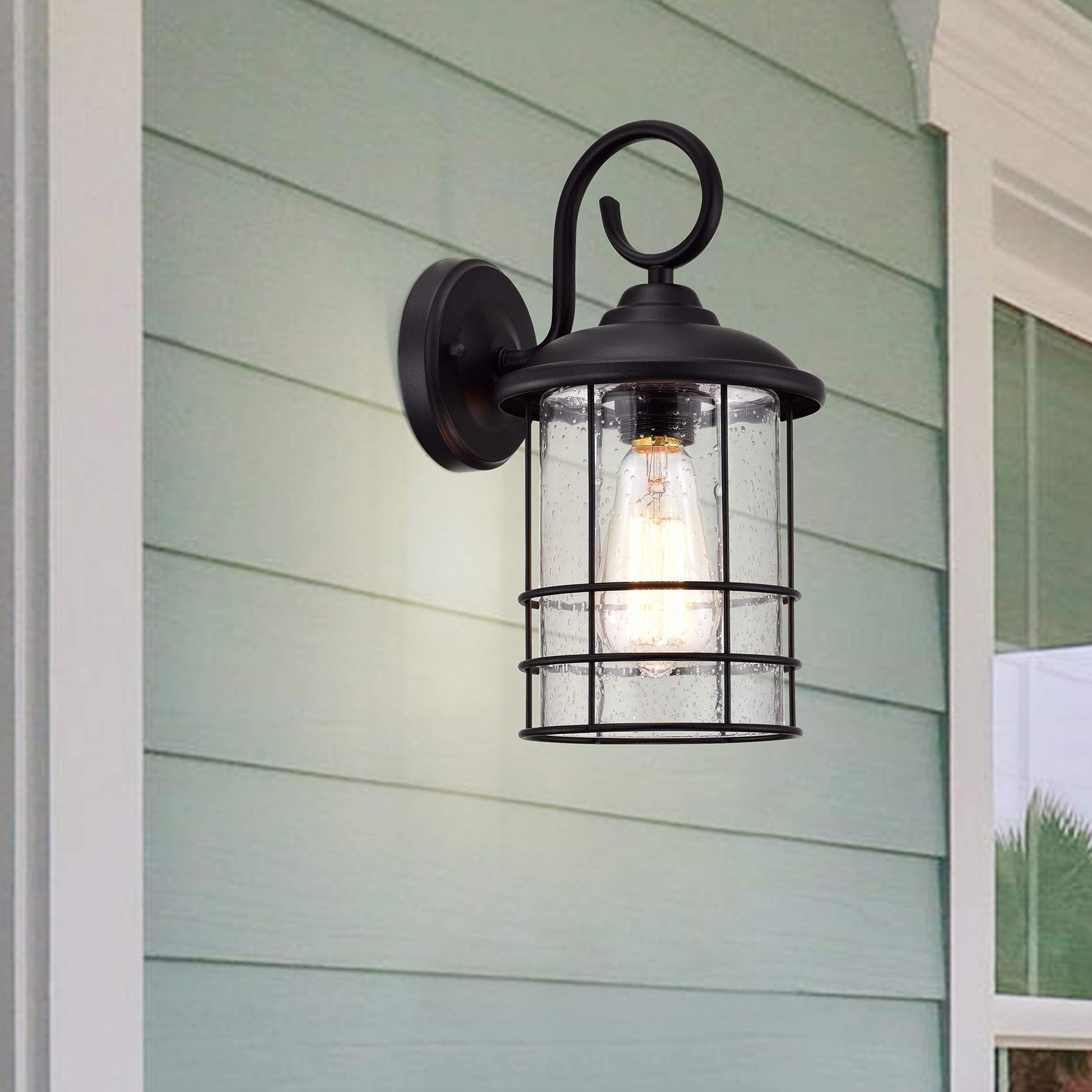 Micsiu 12 Inch Outdoor Wall Lantern 2 Pack, Black Metal Sconce With Clear Seedy Glass, Waterproof For Porch, Entryway, Garage, Model A20007