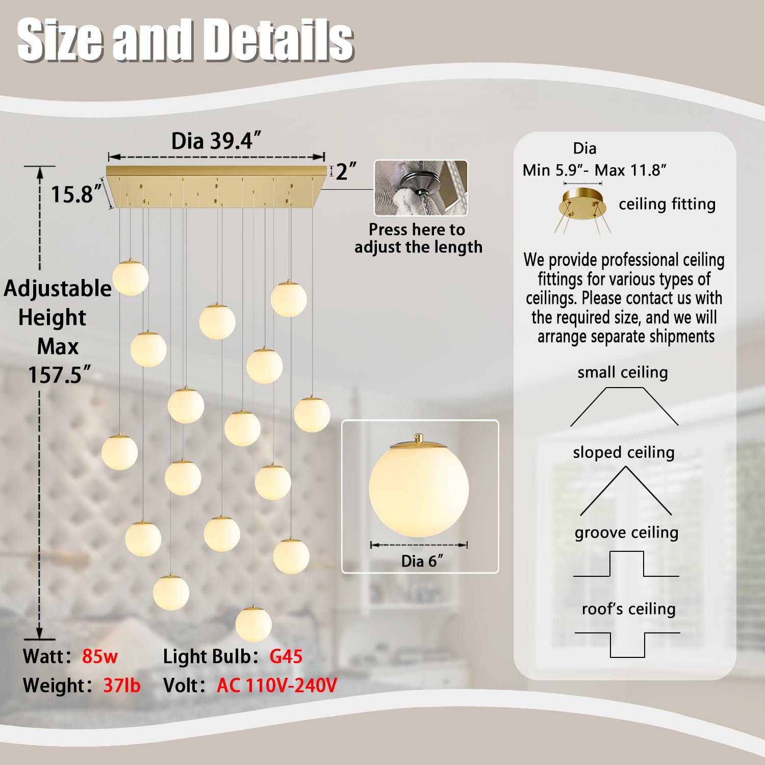 ykolupty 16-Light Gold Chandelier, White Globe Glass, Dimmable Ceiling Light, Metal, for Kitchen Island & Dining Room, Model TP3016-RB-16J-CT