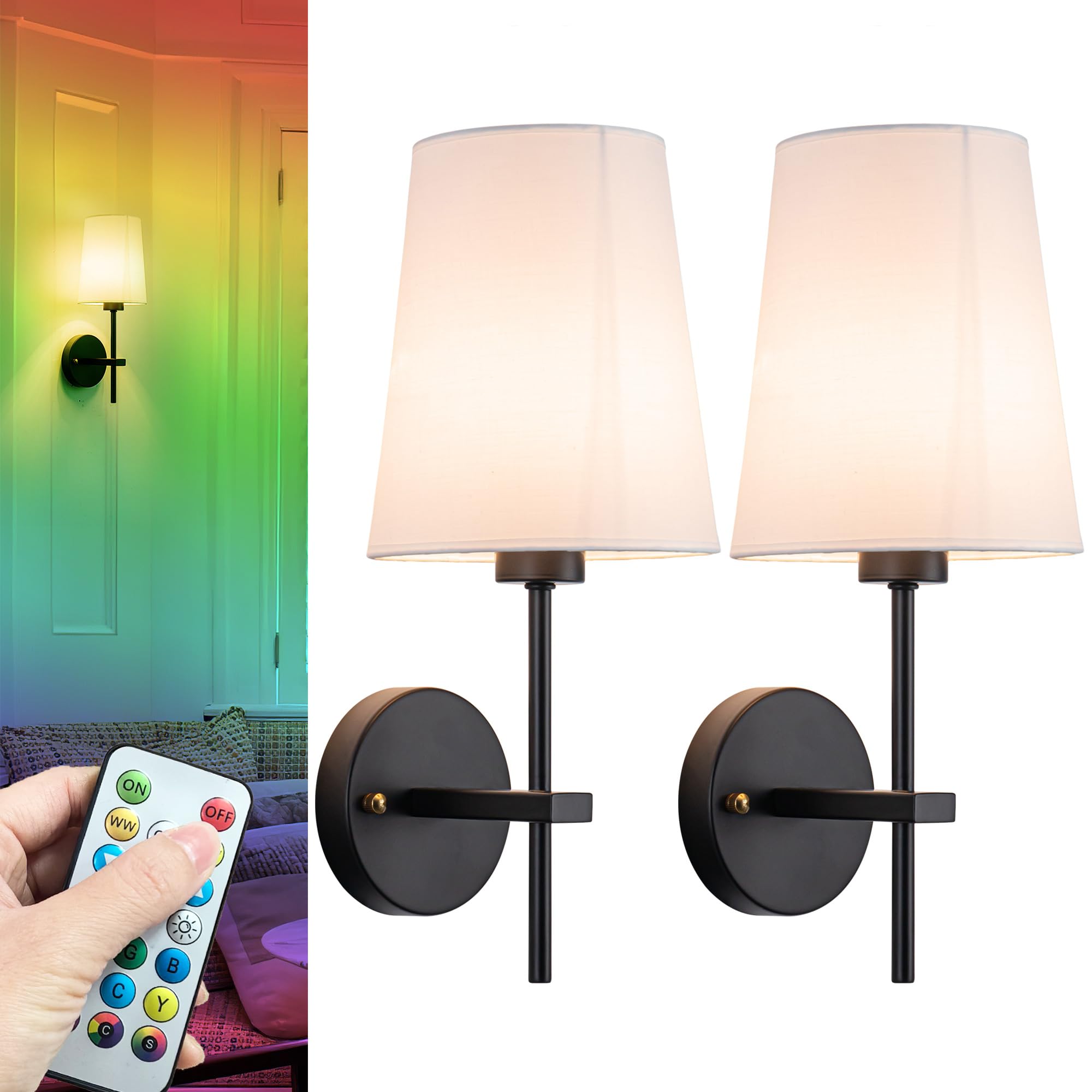 Battery Operated Wall Sconce Set Of 2, Wireless Dimmable Battery Powered Wall Lamp With Remote Control,Battery Wall Light With White Fabric Shade For Bedroom,Easy To Install,3 Color Temp Bulb Included