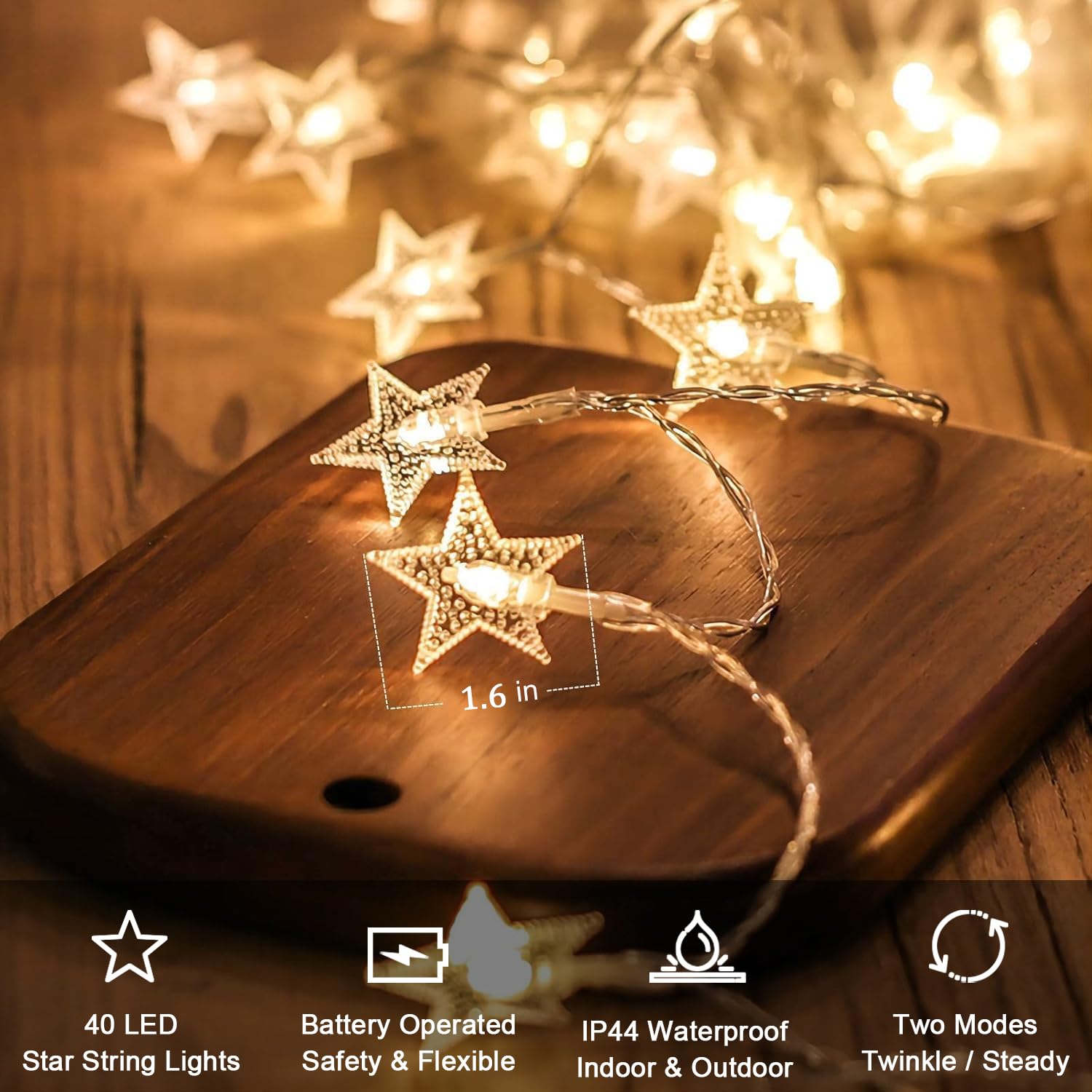 CESOF Star String Lights, 20 FT, 40 LED Warm White, Battery Operated, PVC, Cute Hanging Fairy Light for Indoor/Outdoor Xmas Decor