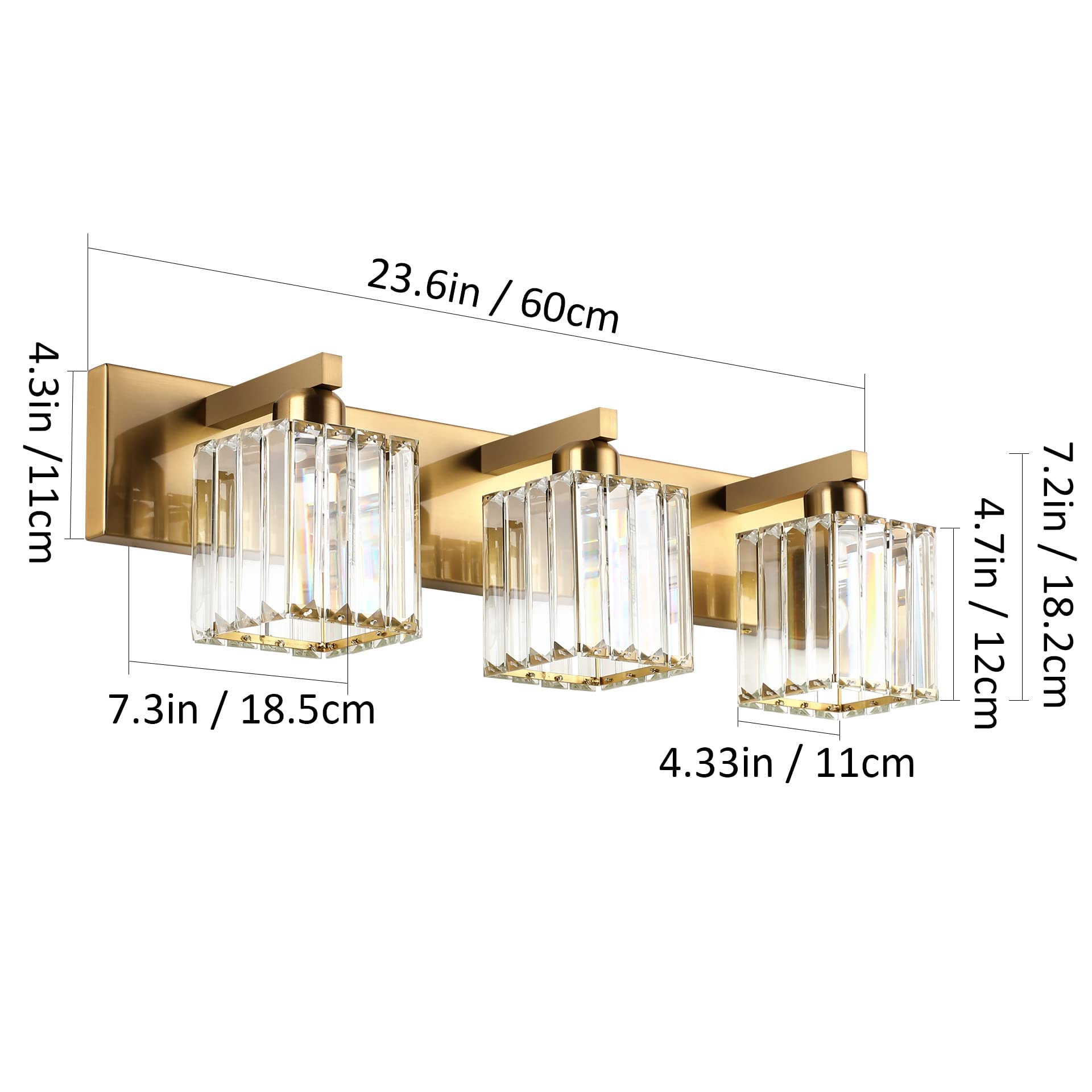 Aipsun Brass Bathroom Vanity Light Fixtures, 3-Light, Aluminum, Model 8461, Crystal Shade
