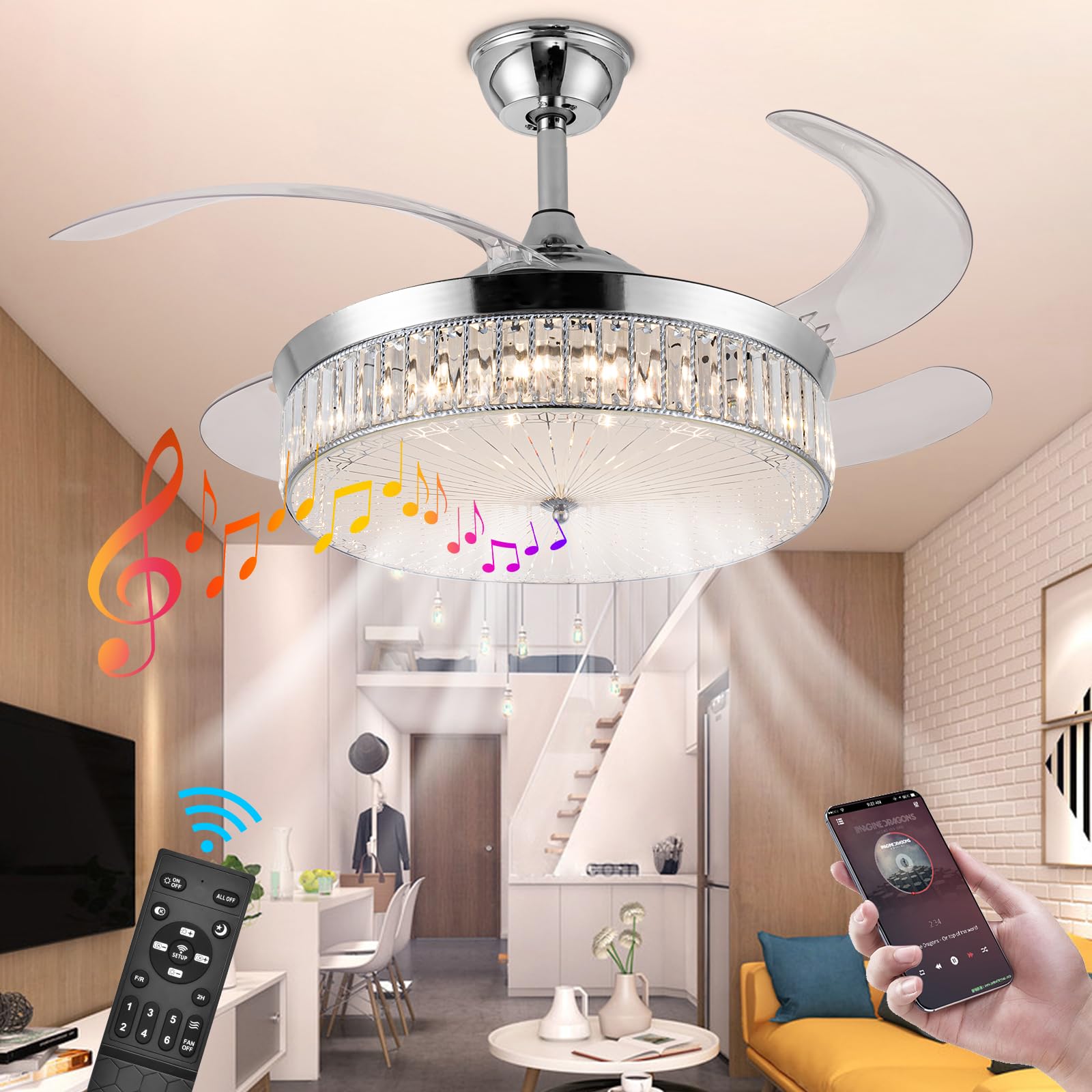 Bavnnro 42in  Crystal Ceiling Fan with Lights, Bluetooth Speaker, Dimmable, Silver, Model HYGXHG060G