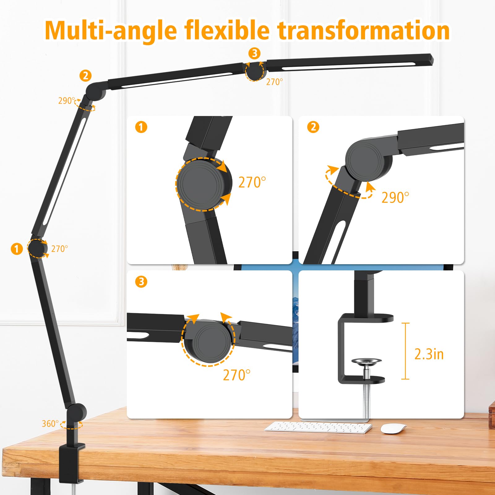 Led Desk Lamp With Clamp,Adjustable Swing Arm Desk Lamps For Home Office,Dimmable Tempering Eye Care Desk Light,Bright Modern Le