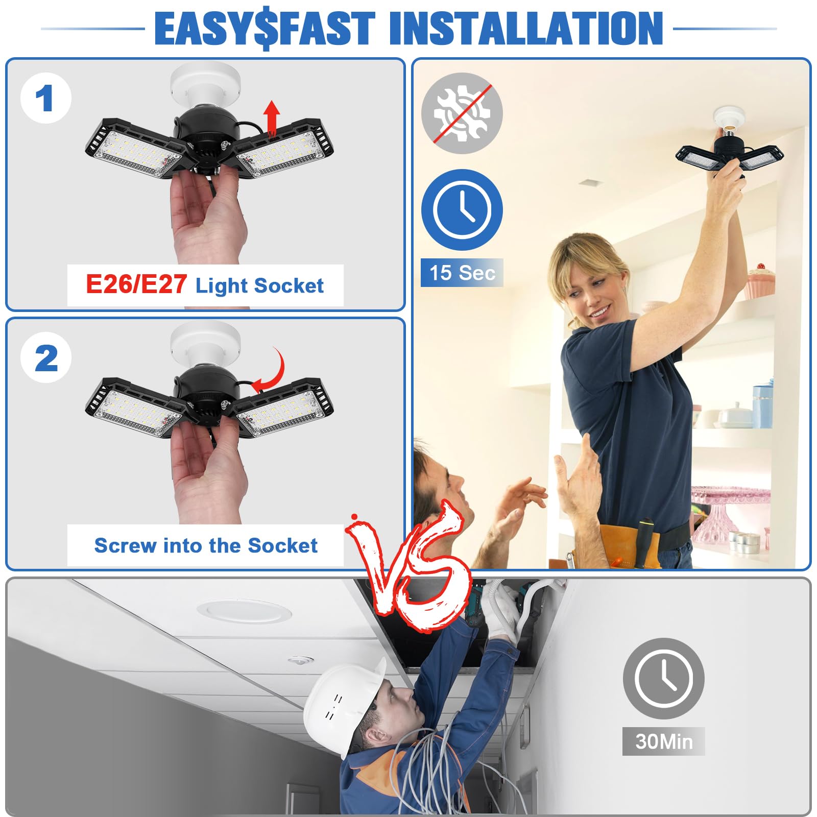 Aoretic 80W Led Garage Lights Bulb 4 Pack - 8000Lm, 6500K, 3 De