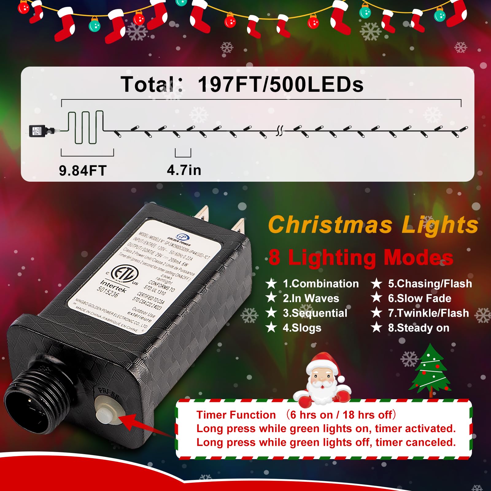 Sauirs 197Ft 500 Led Warm White Christmas String Lights, Waterproof, 8 Modes, Timer, Indoor/Outdoor