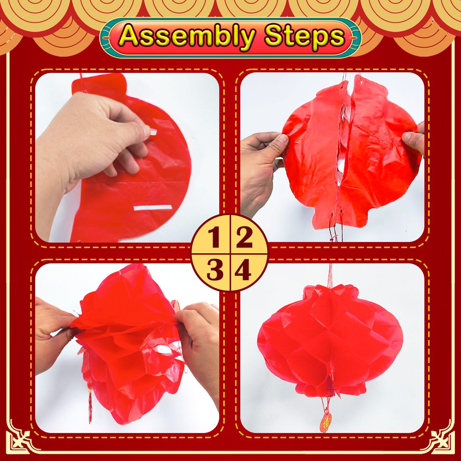 Peywot 3D Chinese Dragon Decoration Set with 12 Red Lanterns, Plastic Paper, Spring Festival, Lunar New Year 2026