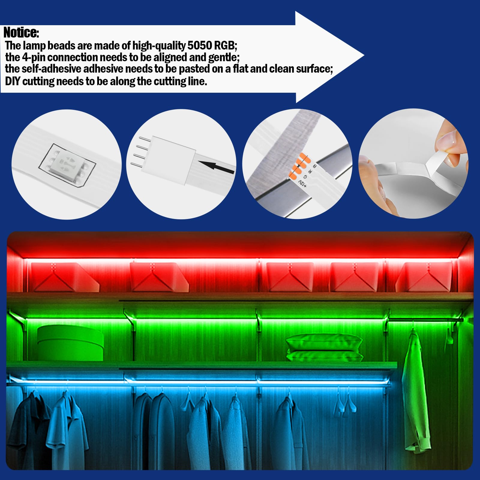 131.2Ft Led Strip Lights(4 Rolls Of 32.8Ft),480Leds 5050 Rgb Color Changing Led Light Strips With 4-Pin Connector,Self-Adhesive