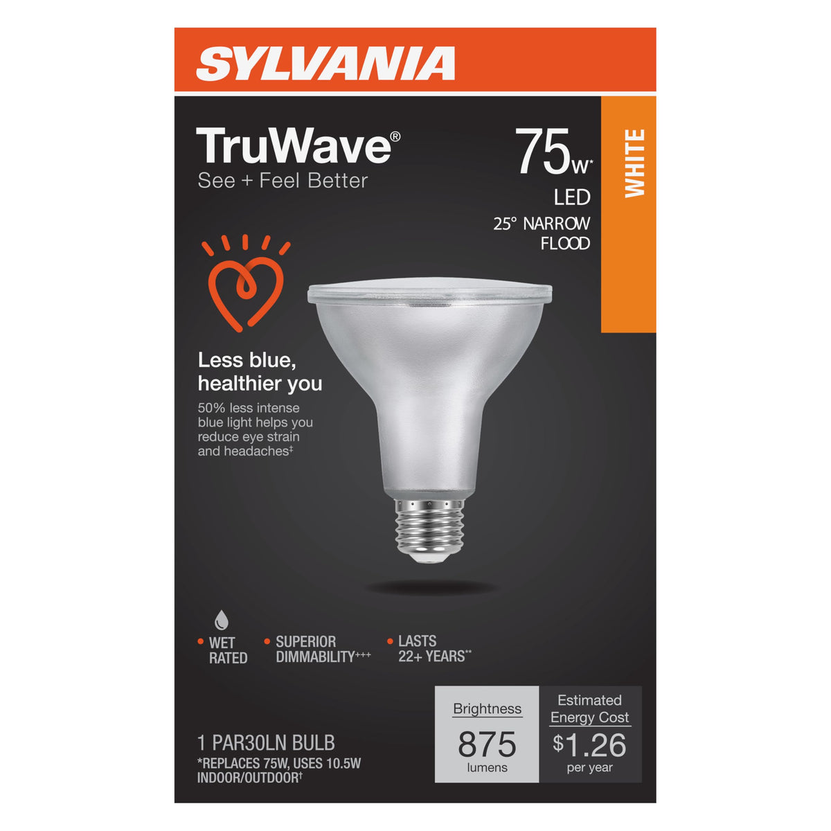 Sylvania Led Truwave Natural Series Par30Ln Long Neck Light Bulb, 75W = 9W, Medium Base, Dimmable 3000K Neutral White - 1 Pack (