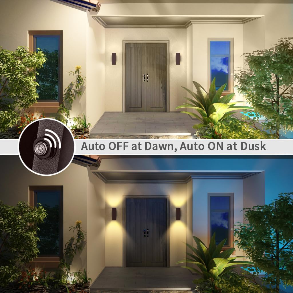 KIZON Outdoor Wall Lights - Dusk to Dawn Sensor, 2 Pack, Aluminum, Oil Rubbed Bronze Finish, Modern Sconce, ETL Listed, Model K213