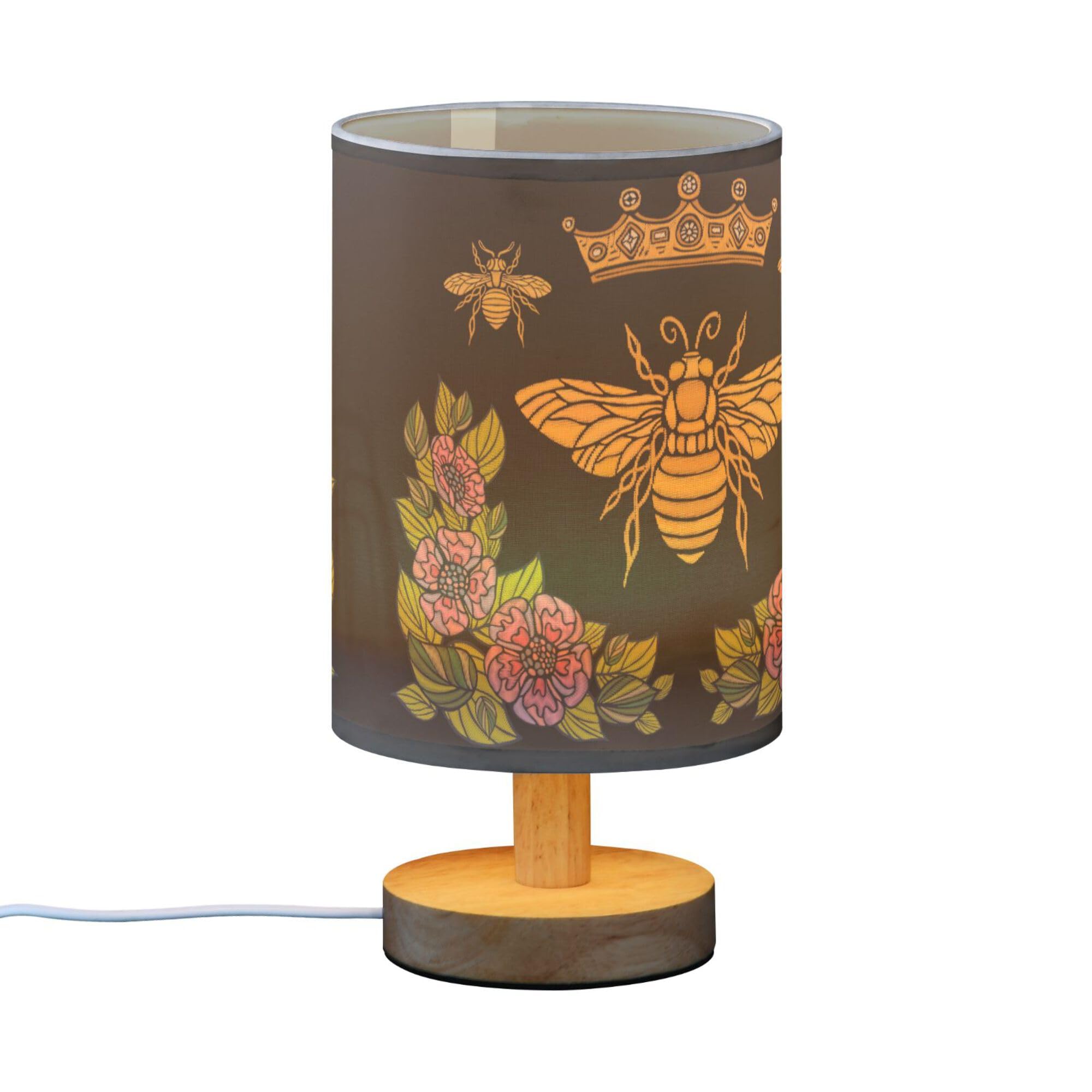 Yyzzh Table Lamp Honey Queen Bee Bumblebee Crown Flower Floral Wreath Nightstand Lamp With Wood Base Fabric Lamp Shade Bedside D