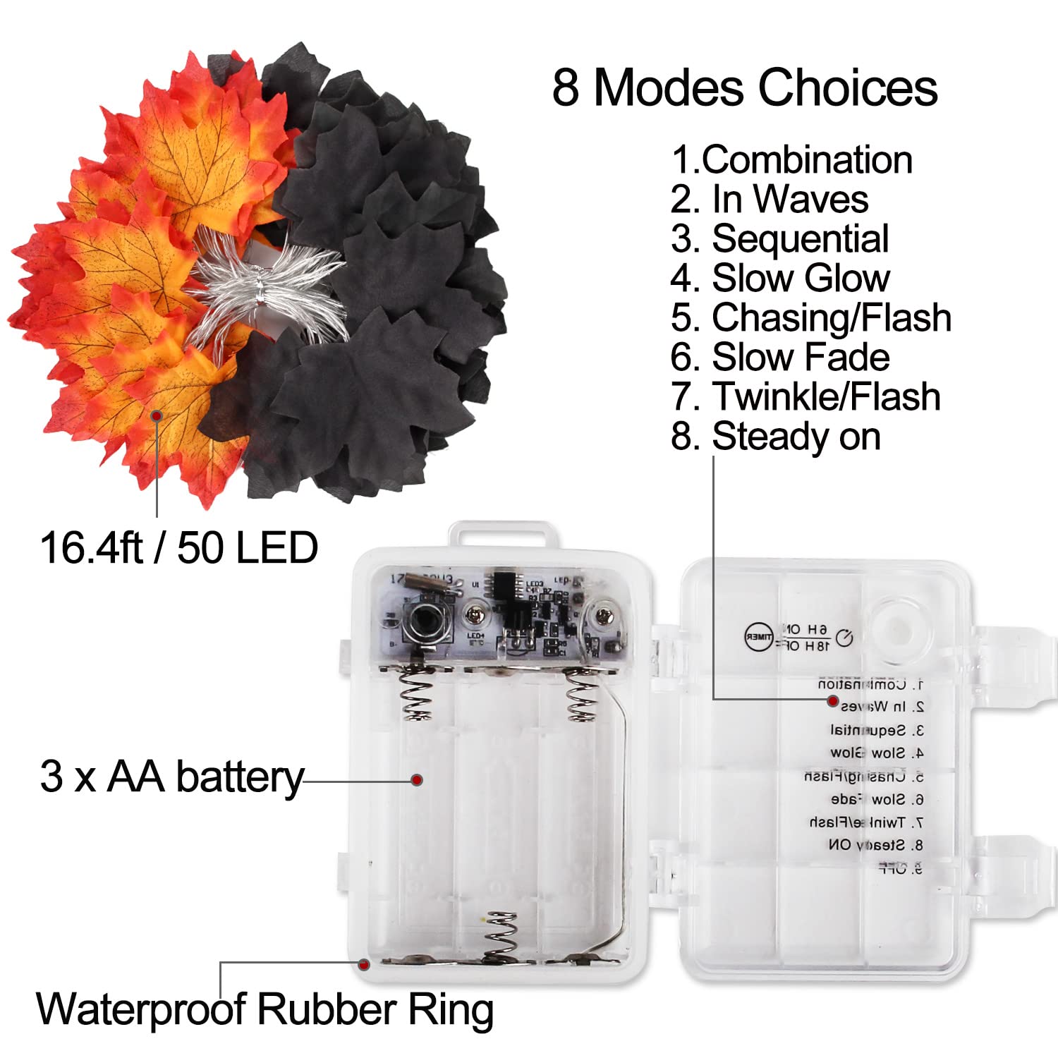 50 Led 16.4Ft Halloween Decorations Fall Garland String Lights With Timer And Remote, Lighted Black Maple Leaves Garlands Decor With Banner, Battery Operated Fall Lights For Home Party Indoor Mantle