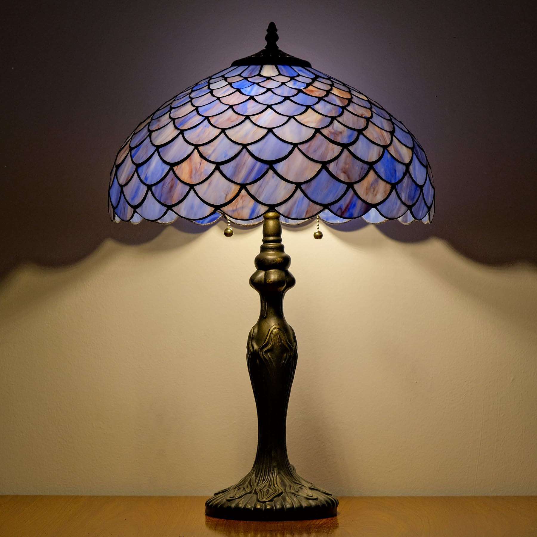 GILGGAK Tiffany Lamp 16 Blue Purple Fish Scales Stained Glass Table Lamp for Large Space Vintage Style Antique Bronze Base Desk 