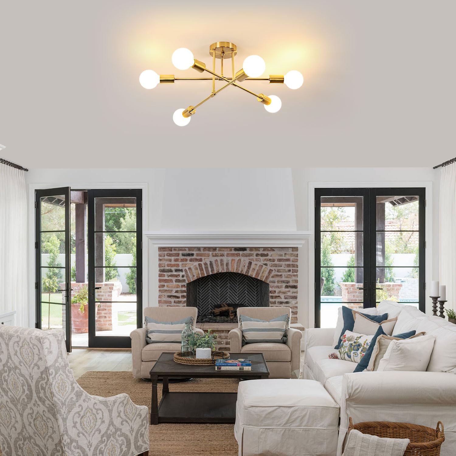 Delipop Modern Sputnik Chandelier, 6-Light Gold Industrial Metal Semi Flush Mount Ceiling Light, E26 Base Sputnik Ceiling Light