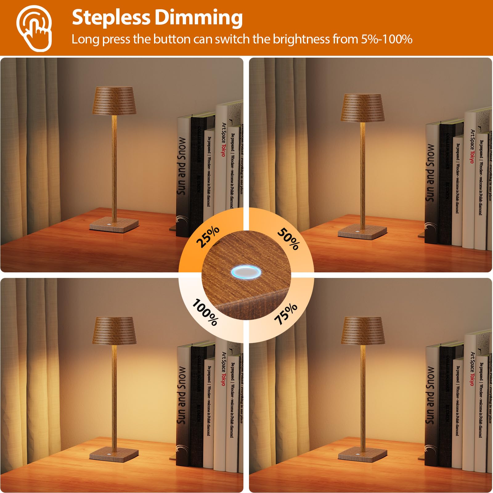 YIBEN Cordless Table Lamps 2Pack, Rechargeable LED, IP54 Waterproof, 6000mAh Battery, Small, Wood Grain, Model S816