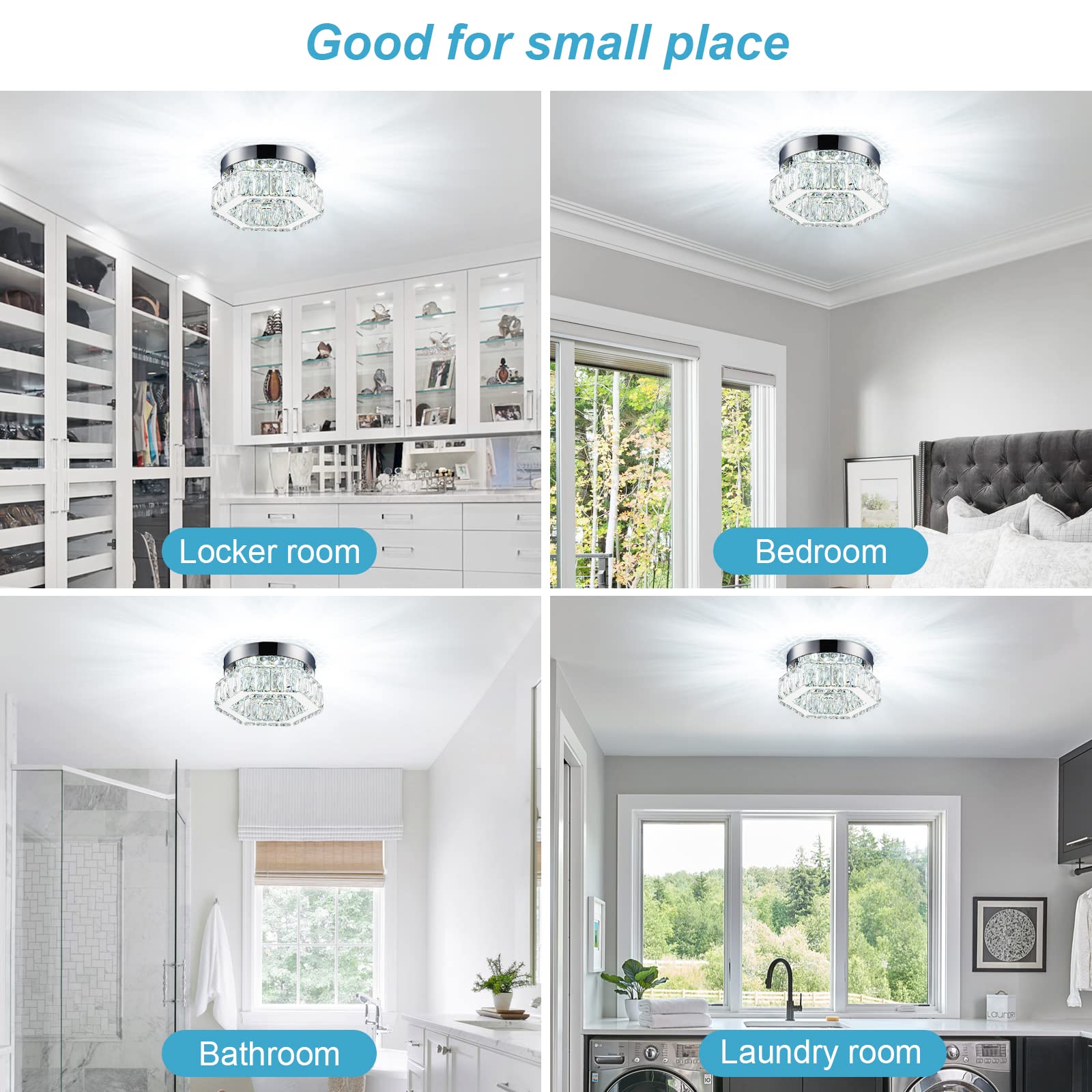 Homlaiting Mini Crystal Chandelier Led Flush Mount Light, Cool White For Bedroom & Kitchen