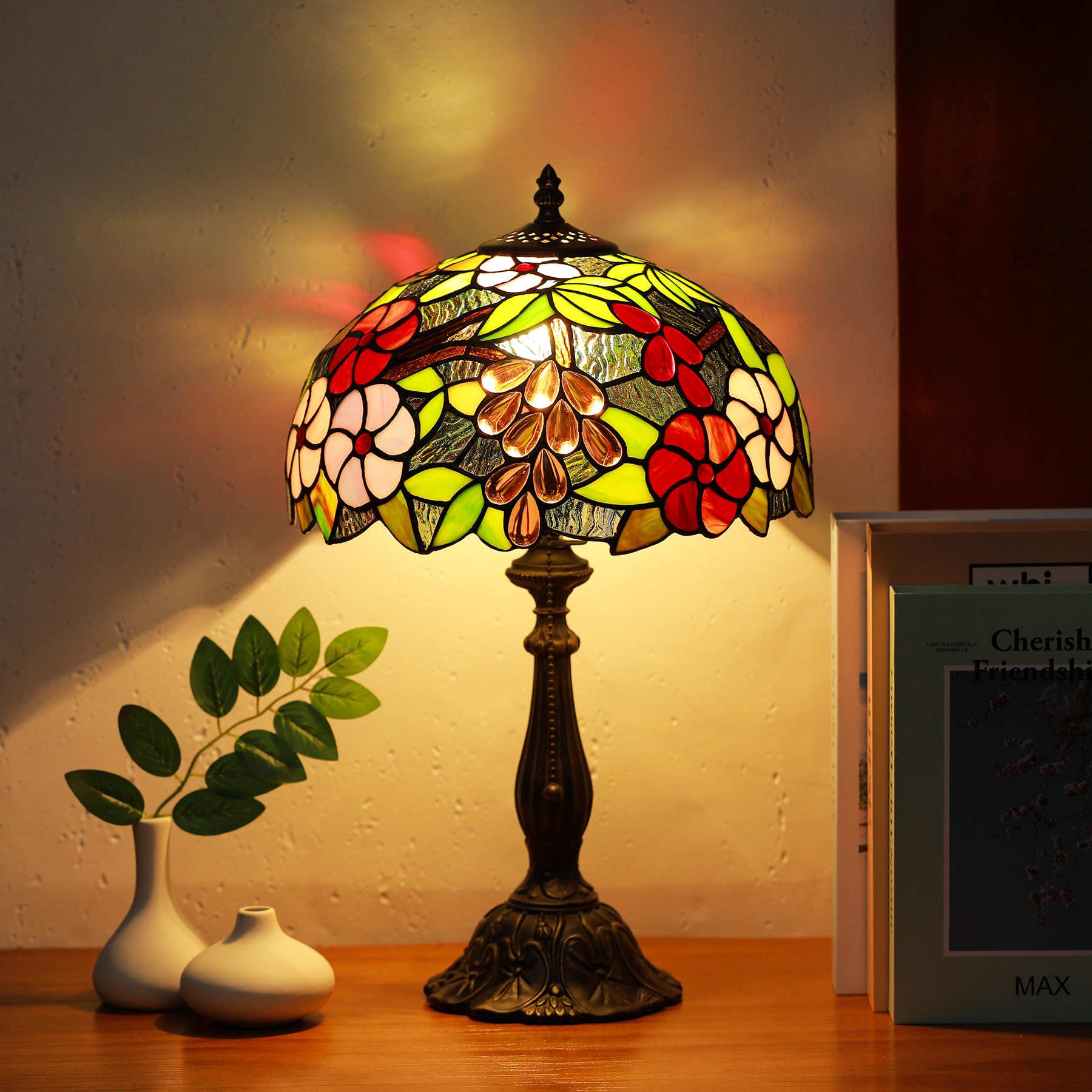 Tiffany Lamps Amber Grapes Style Stained Glass Table Lamp Desk Bedside Reading Light 12X12X18.5 Inches with Bronze Resin Base Ap
