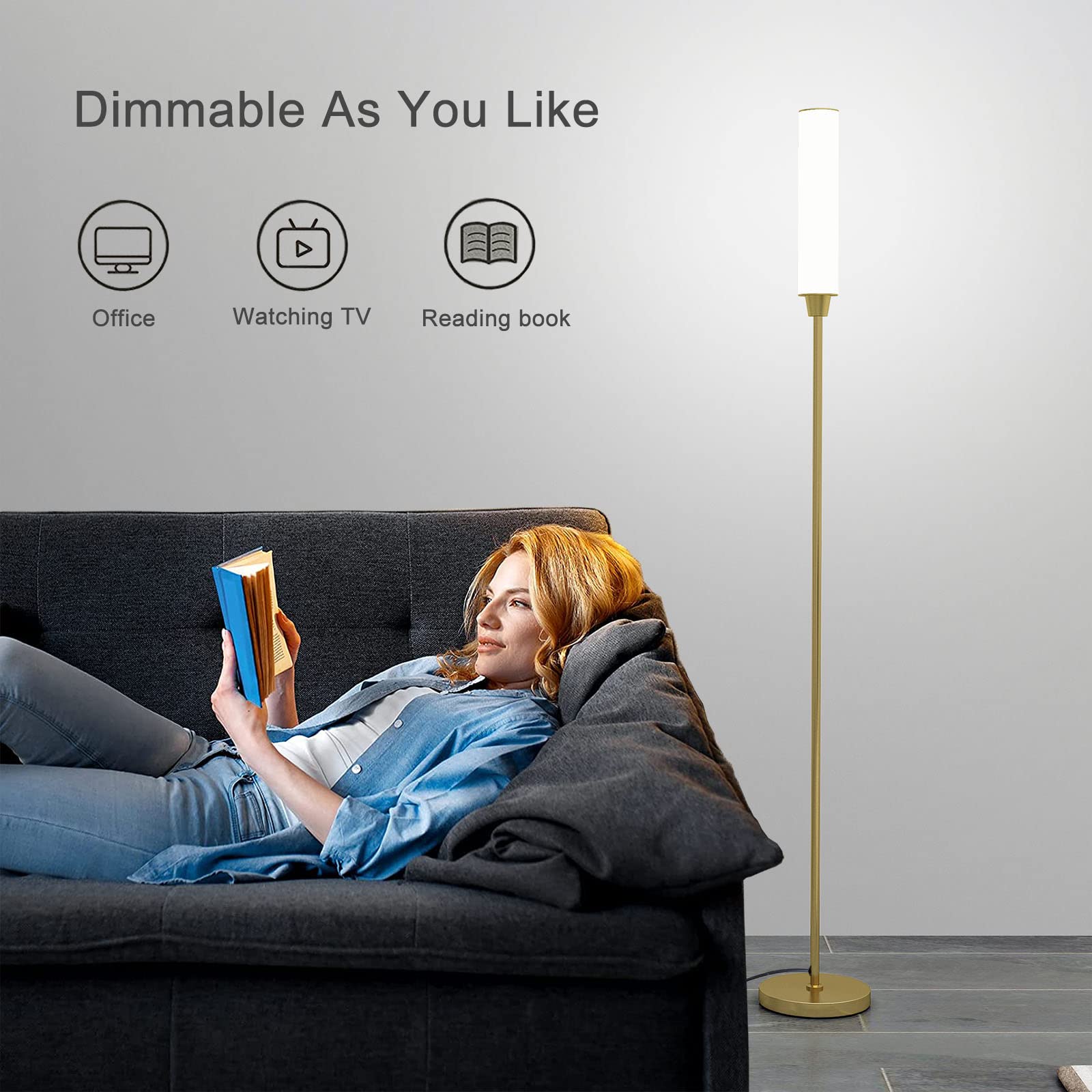 Nukanu Floor Lamp With Remote Control,Bright Floor Lamps For Living Room/Bedroom/Office, Stepless Adjustable 3000K-6000K Colors And 10-100% Brightness,Standing Light With Foot Switch (Gold)