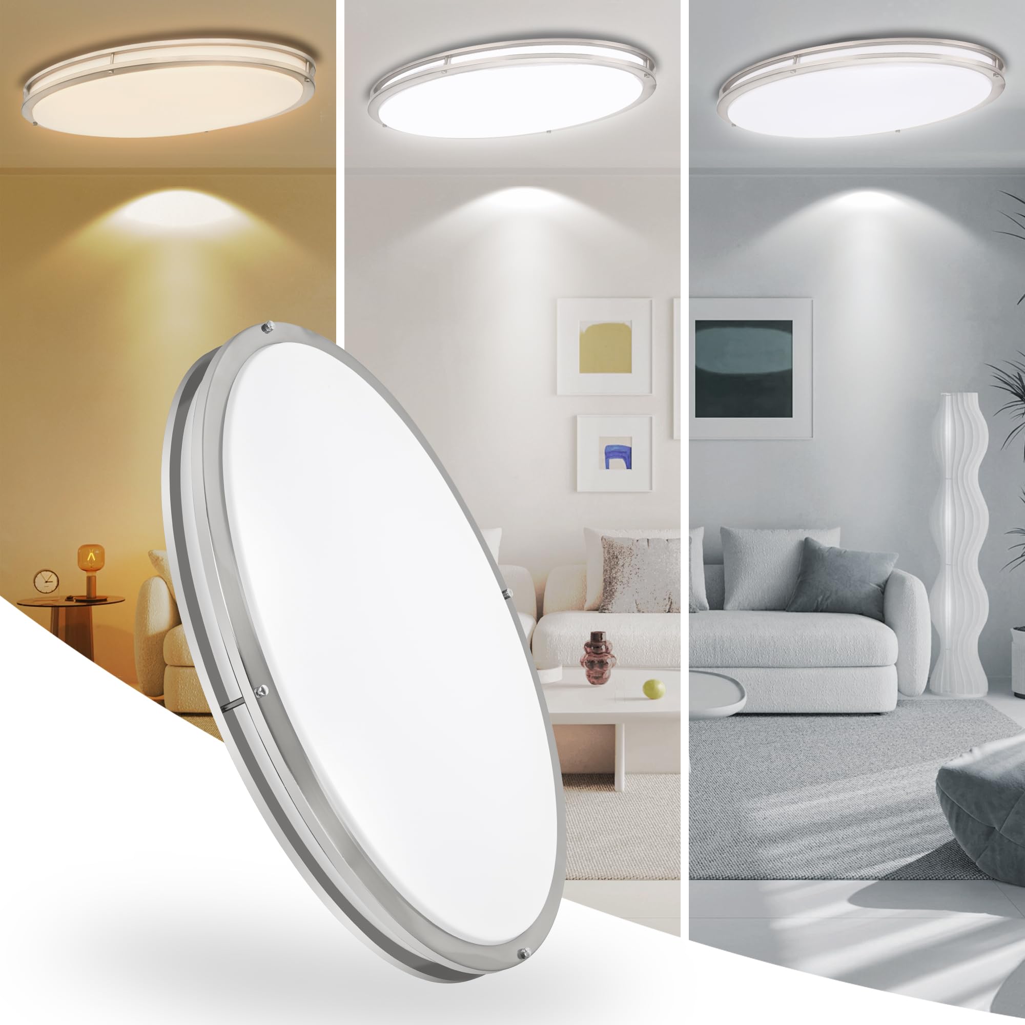 33 Inch Oval Brushed Nickel Ceiling Light Fixture - Flush Mount Led Kitchen Ceiling Lamp 3000K/4000K/5000K Adjustable Brushed Ni