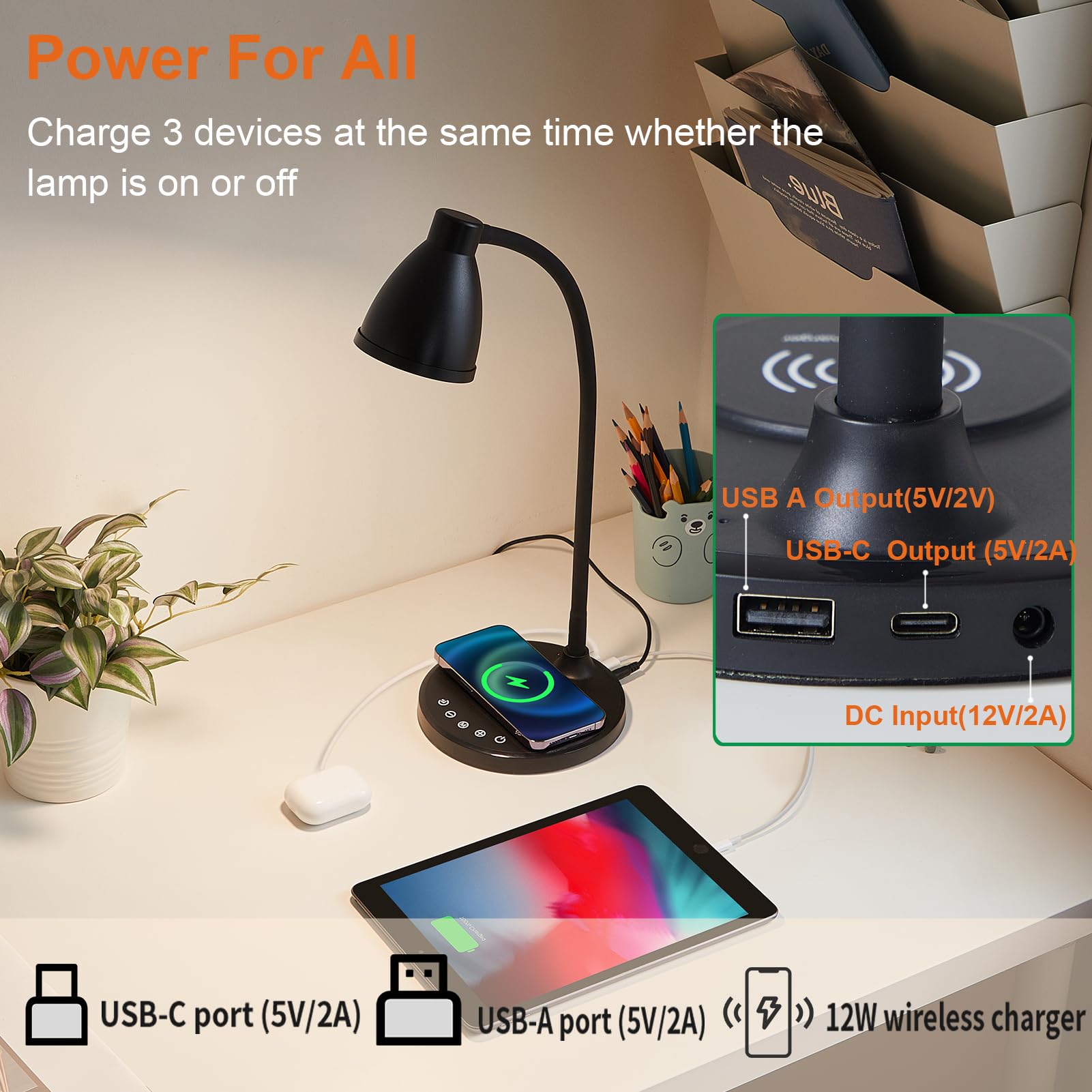 BOHON LED Desk Lamp with USB C+A Ports, Wireless Charger, Touch Control, Black