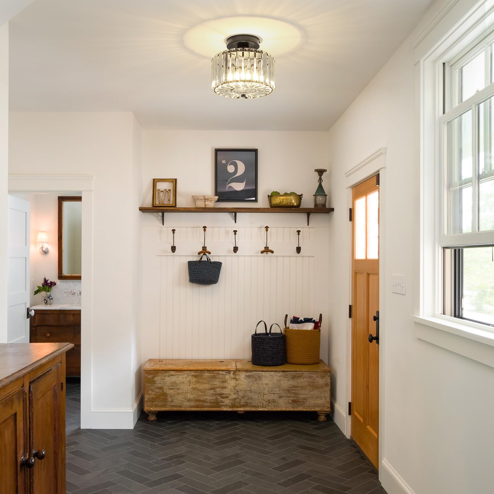 Pasentel Crystal Ceiling Light  Modern Mini Flush Mount Crystal Chandelier  8.89 Inch Black Light Fixture  Round Hallway Lighting Fixtures For Kitchen Entryway Laundry Room  1-Light  Sf004-1-Bk