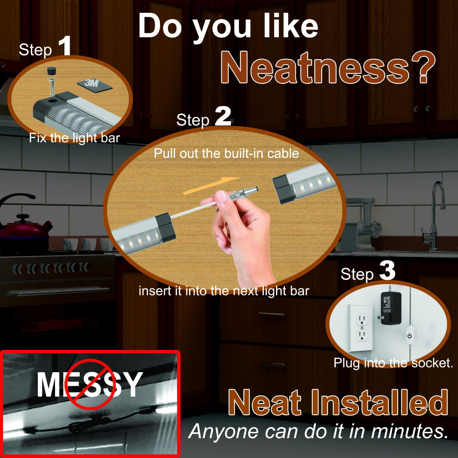 Ebd Led Under Cabinet Lights Hardwired Built-In Adjustable Cable Midway Input Under Counter Lights For Kitchen Sink Light 3 Pcs 1350 Lm 6500K Super-Bright For Closet Shelves Shelf Locker & Bookcase