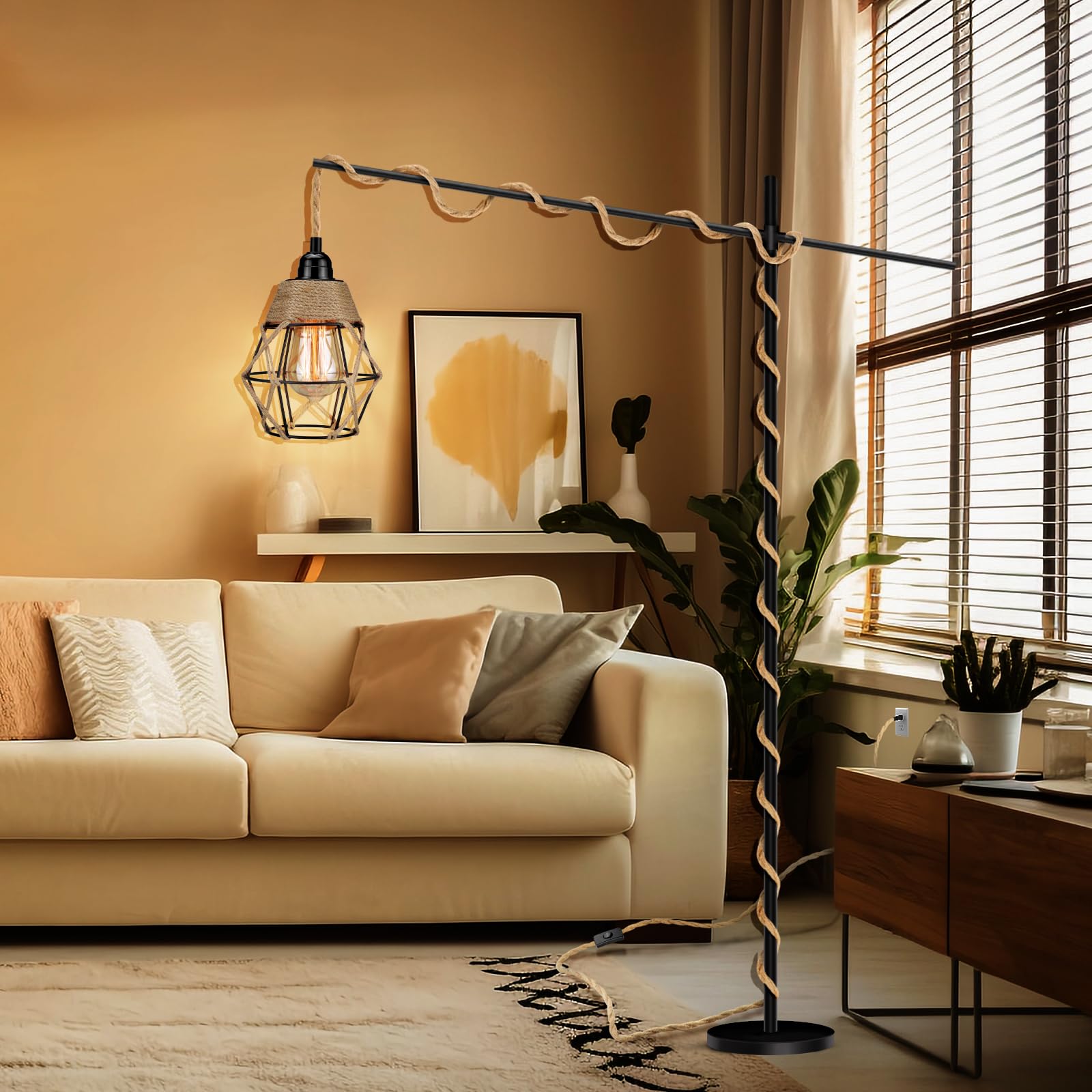 Soodmi Plug In Pendant Light, Industrial Hanging Light With Plug In Cord Hemp Rope On/Off Switch Farmhouse Pendant Light With Plug In Cord, Vintage Pendant Light Fixture, Hanging Lamps For Dining Room