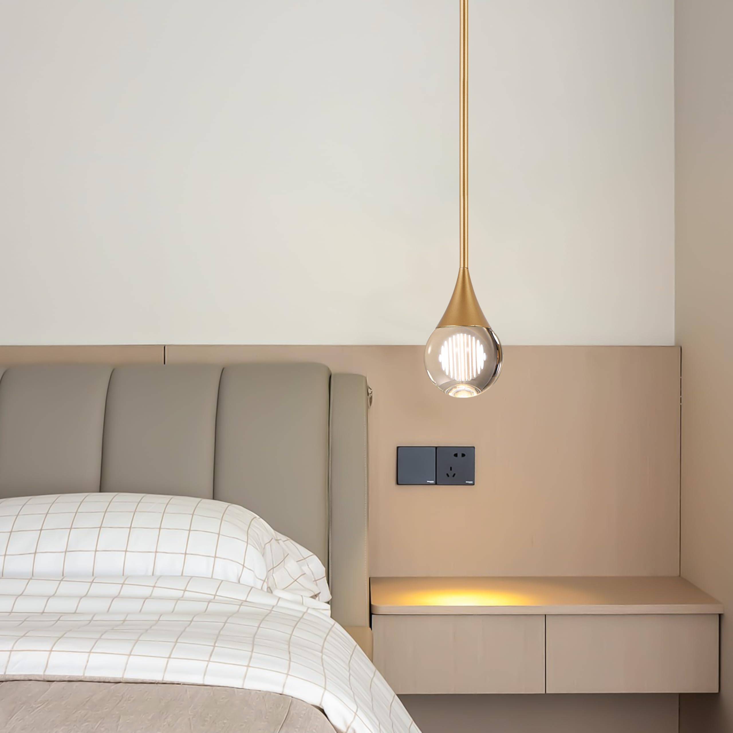 Eanloly 1-Pendant Lights Kitchen Island, Brass Gold Globe Crystal Ceiling Hanging Light Fxitures, Led Light Fixtures Metal Rod C