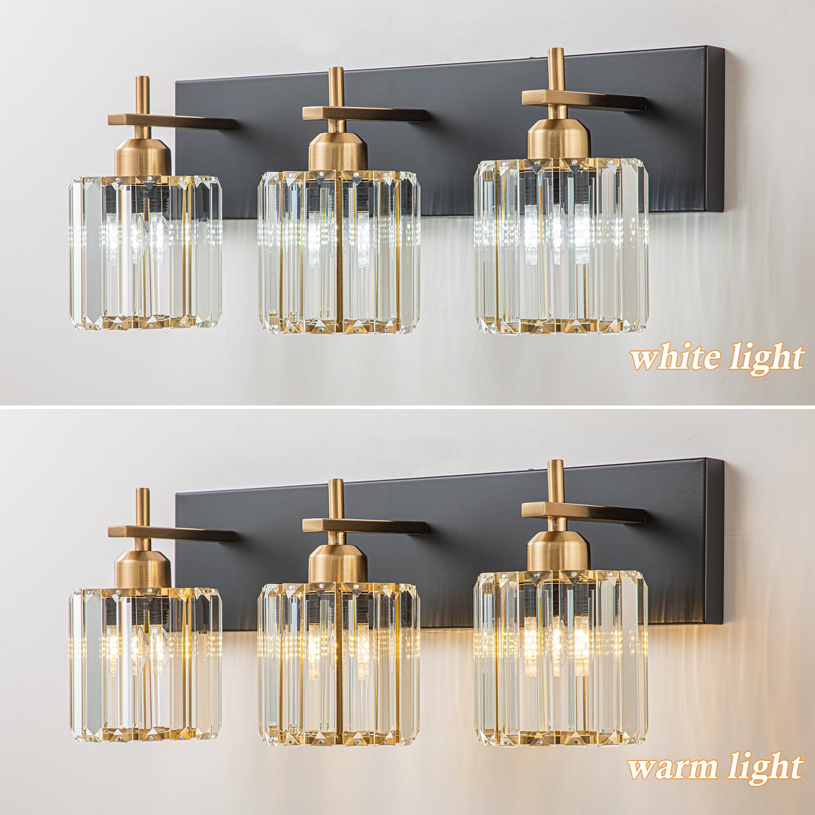 Huoku Modern Crystal Bathroom Vanity Lights, Black Gold 3-Lights Bathroom Light Fixtures Over Mirror, Crystal Wall Lighting With