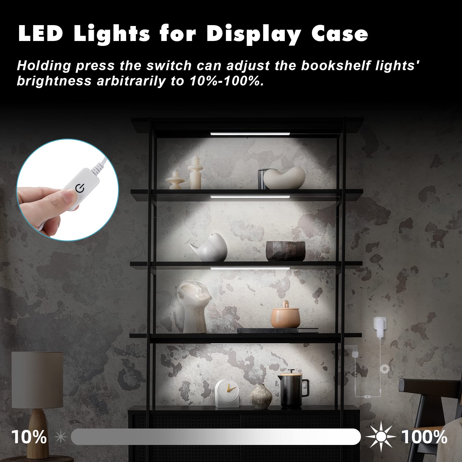 JUSJUBR 4-Pack LED Display Shelf Lights, 12 Inch Cold White Under Shelf Lighting, Aluminum, Memory Function