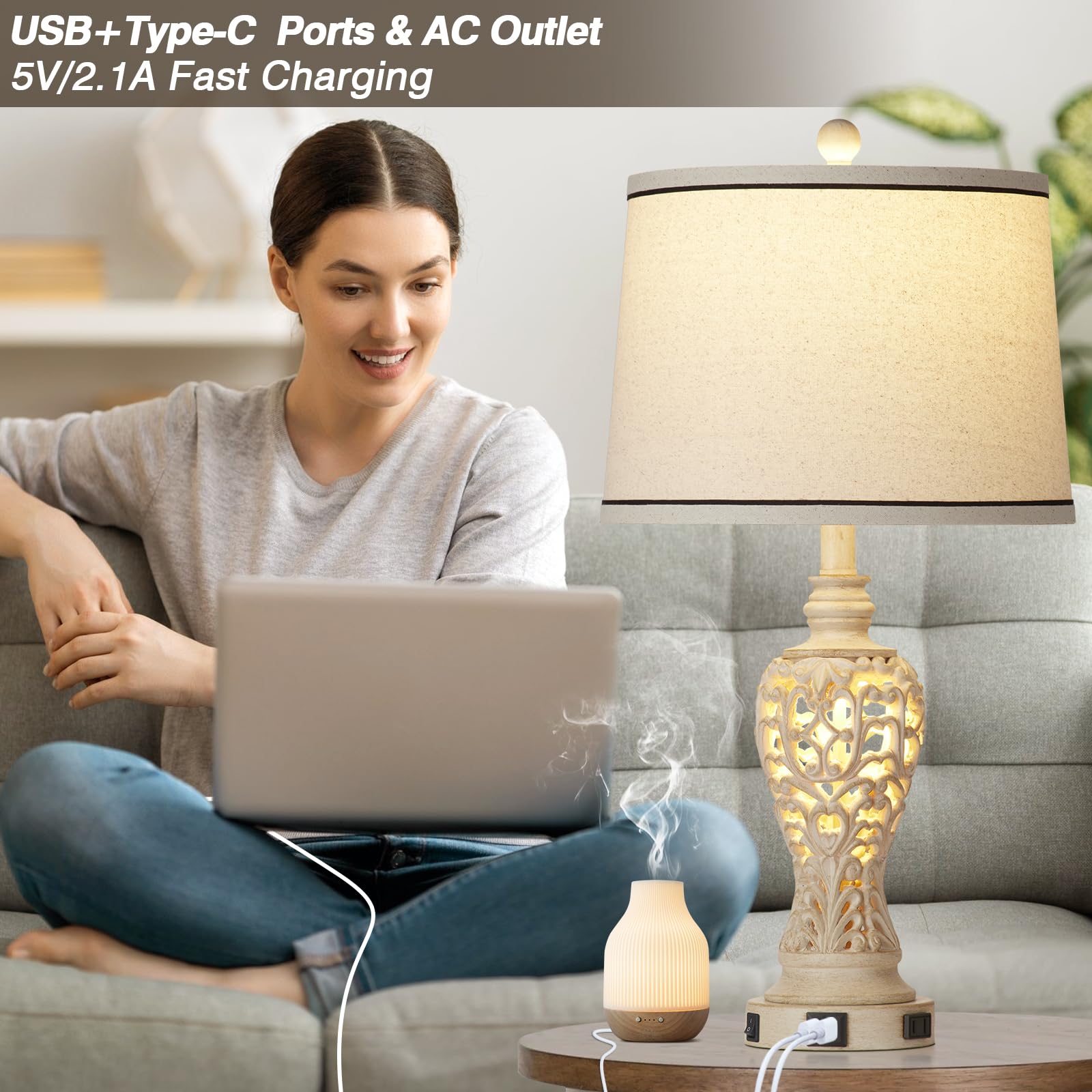 Rinweey Table Lamps Set Of 2, Farmhouse Table Lamps With Nightlight, Rustic Bedside Lamps With Dual Usb & Ac Outlet, 25.2'' Whit