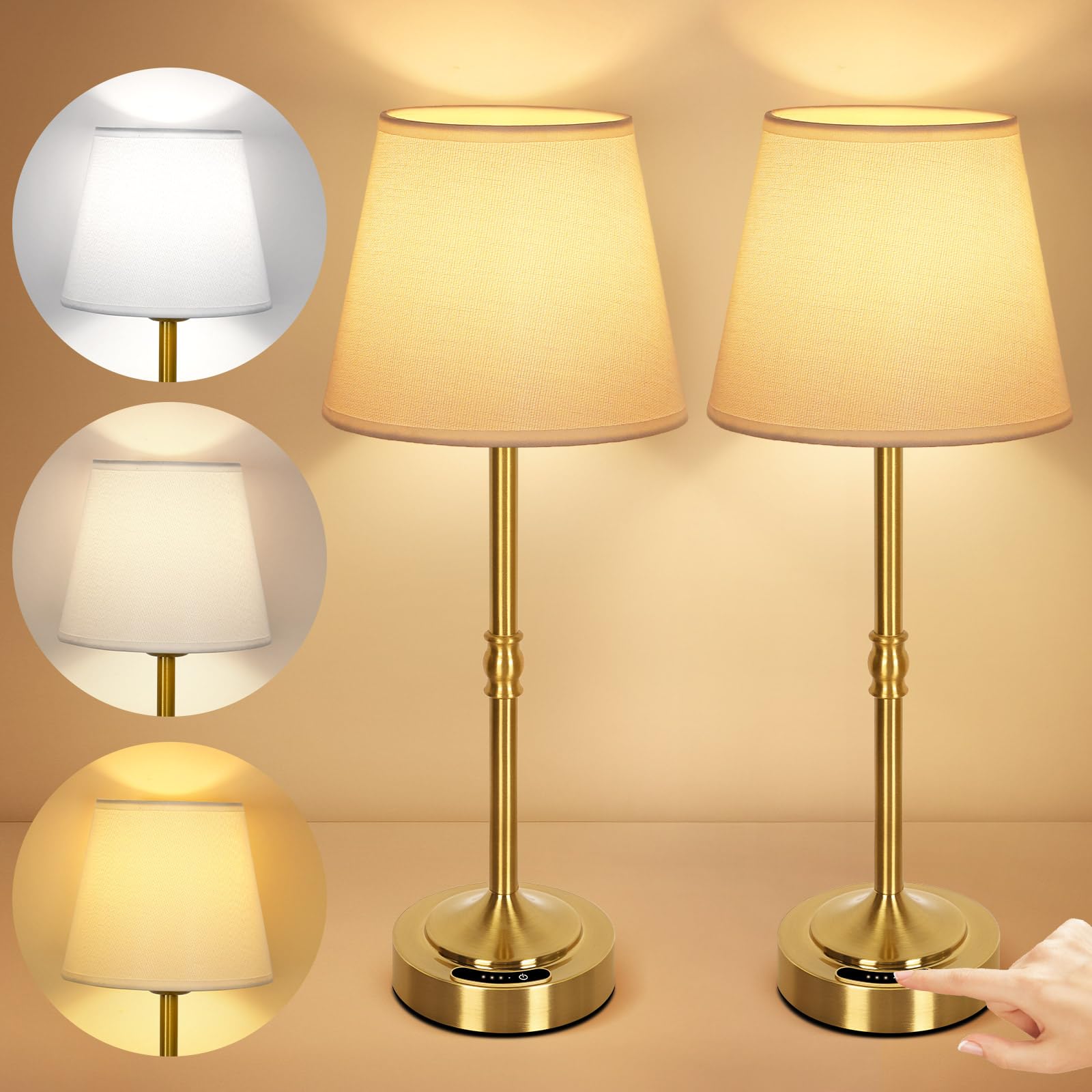 OUTON 2 Pack Cordless Table Lamp Rechargeable, Touch Dimmable LED Lamp with Fabric Shade, 3 Color Temperatures, USB-C Charging, 