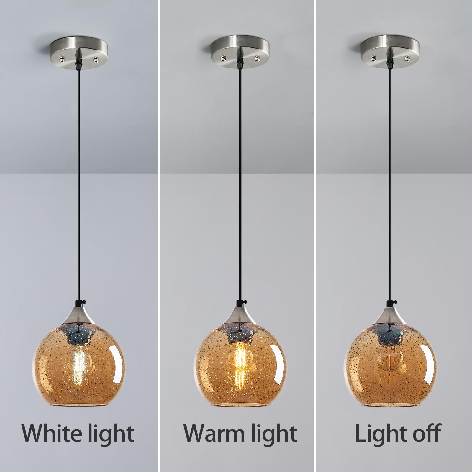 Lbsqj Amber Glass Pendant Lights Kitchen Island Globe Pendant Light Fixtures Modern Pendant Lighting For Bedroom Living Dining Room Light Fixture (5.9 In  3 Pack)